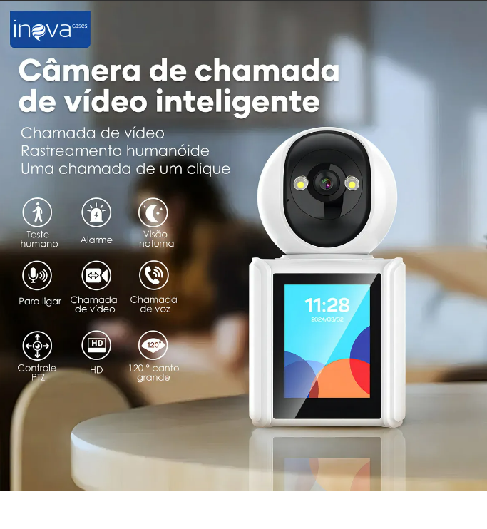 Câmera de Segurança 2K Interior com Tela 2.8" e Visão 360°: Monitor para Bebês, Idosos e Pets, Detecção por IA, Rastreamento Automático, Chamada de Vídeo, Visão Noturna Infravermelha