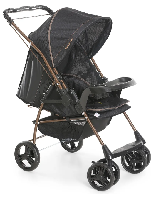 Carrinho Milano Galzerano Preto com Cobre - Alça Reversível Travel System | 4 Posições de Recline, Bebê Conforto Incluso, 0-15kg, INMETRO
