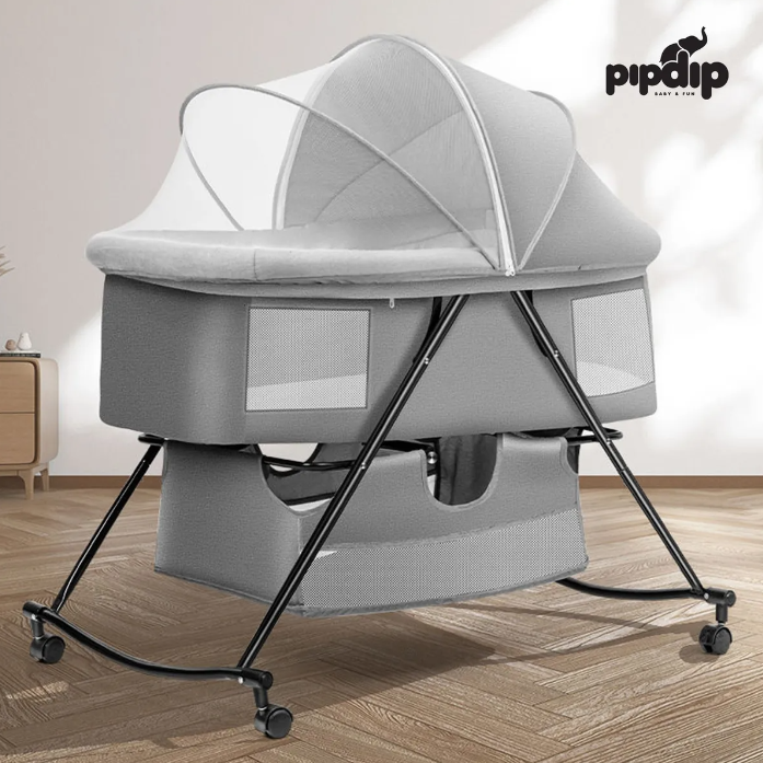 Berço Moisés Pipdip Dobrável com Balanço e Mosquiteiro | Portátil até 15kg, Inclinação Ajustável, Cinza