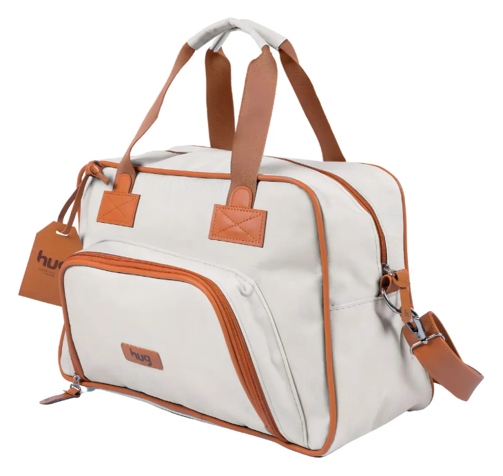 Bolsa Maternidade Hug Mimosa Grande Bege - Nylon Linho, Forro Impermeável, Alça Removível | Feita no Brasil