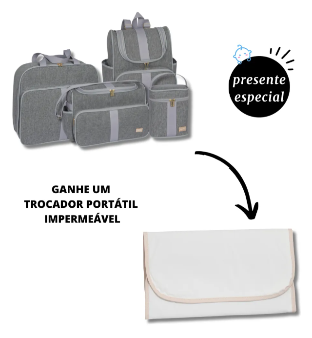 Kit Bolsa Maternidade Coleção Clássica - 5 Peças (Bolsa + Mochila + Mala + Frasqueira Térmica + Trocador) | Impermeável