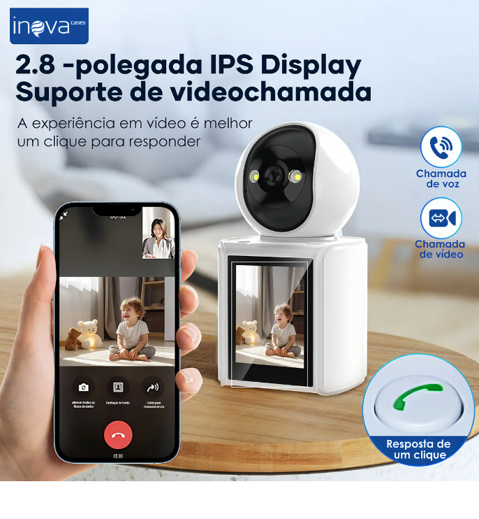 Câmera de Segurança 2K Interior com Tela 2.8" e Visão 360°: Monitor para Bebês, Idosos e Pets, Detecção por IA, Rastreamento Automático, Chamada de Vídeo, Visão Noturna Infravermelha