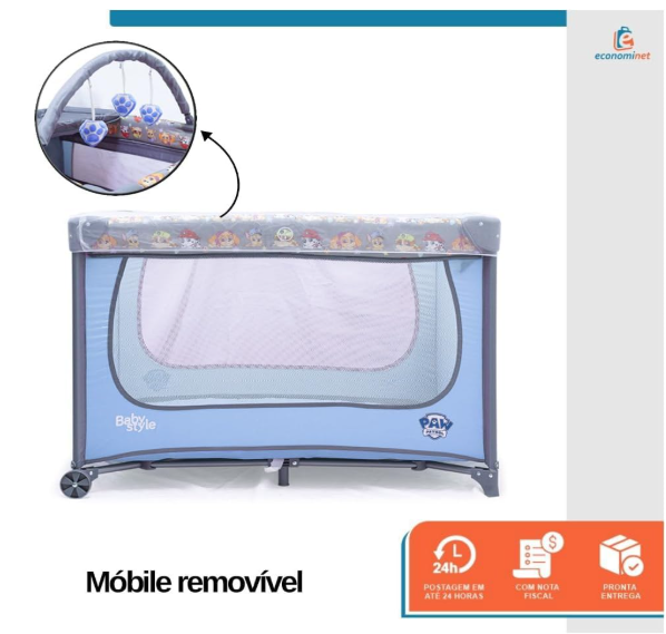 Berço Portátil Patrulha Canina com Mosquiteiro, Móbile, Trocador e Bolsa de Transporte | Azul, Seguro e Compacto, INMETRO