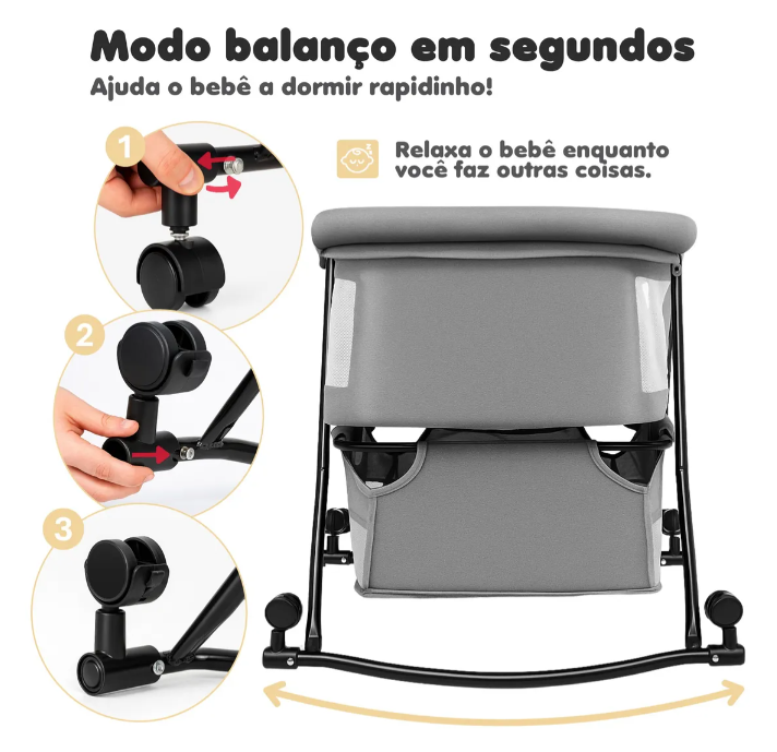 Berço Moisés Pipdip Dobrável com Balanço e Mosquiteiro | Portátil até 15kg, Inclinação Ajustável, Cinza