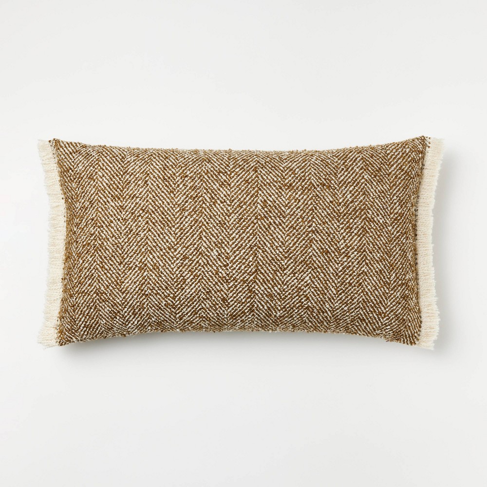 Oversized Herringbone with Frayed Edges Lumbar Throw Pillow Brown/Cream - Threshold™ Designed with Studio McGee