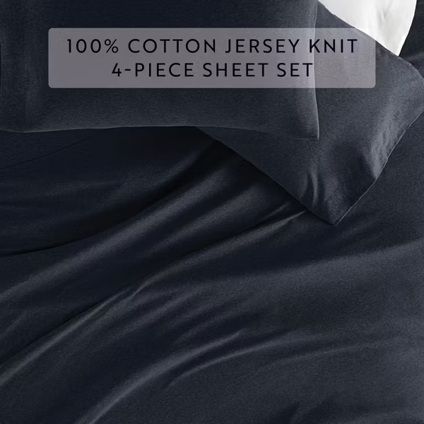 100% Cotton Jersey Sheets Set - Soft, Breathable, Deep Pockets, Easy Care - 3 Pieces - Navy, Twin