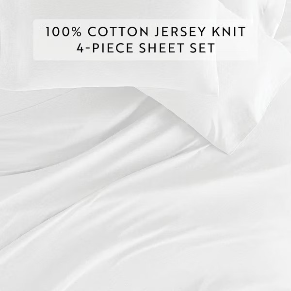 100% Cotton Jersey Sheets Set - Full size - Soft, Breathable, Deep Pockets, Easy Care - 4 Pieces
