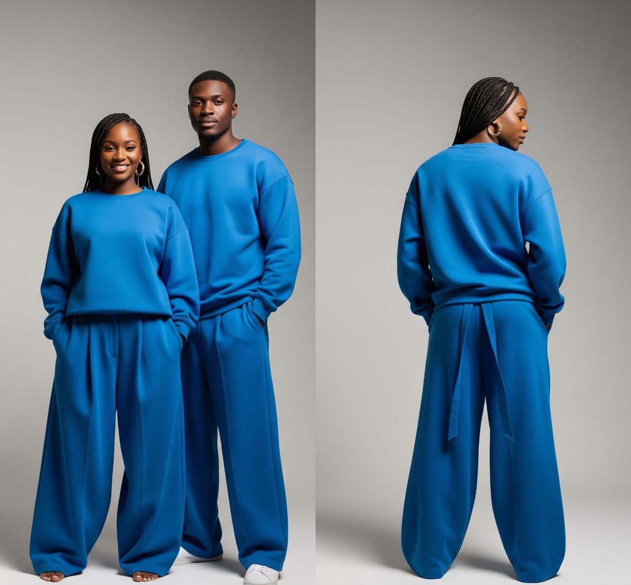 Couple's Unisex Blue Sweatshirt and Wide-Leg Pants Set