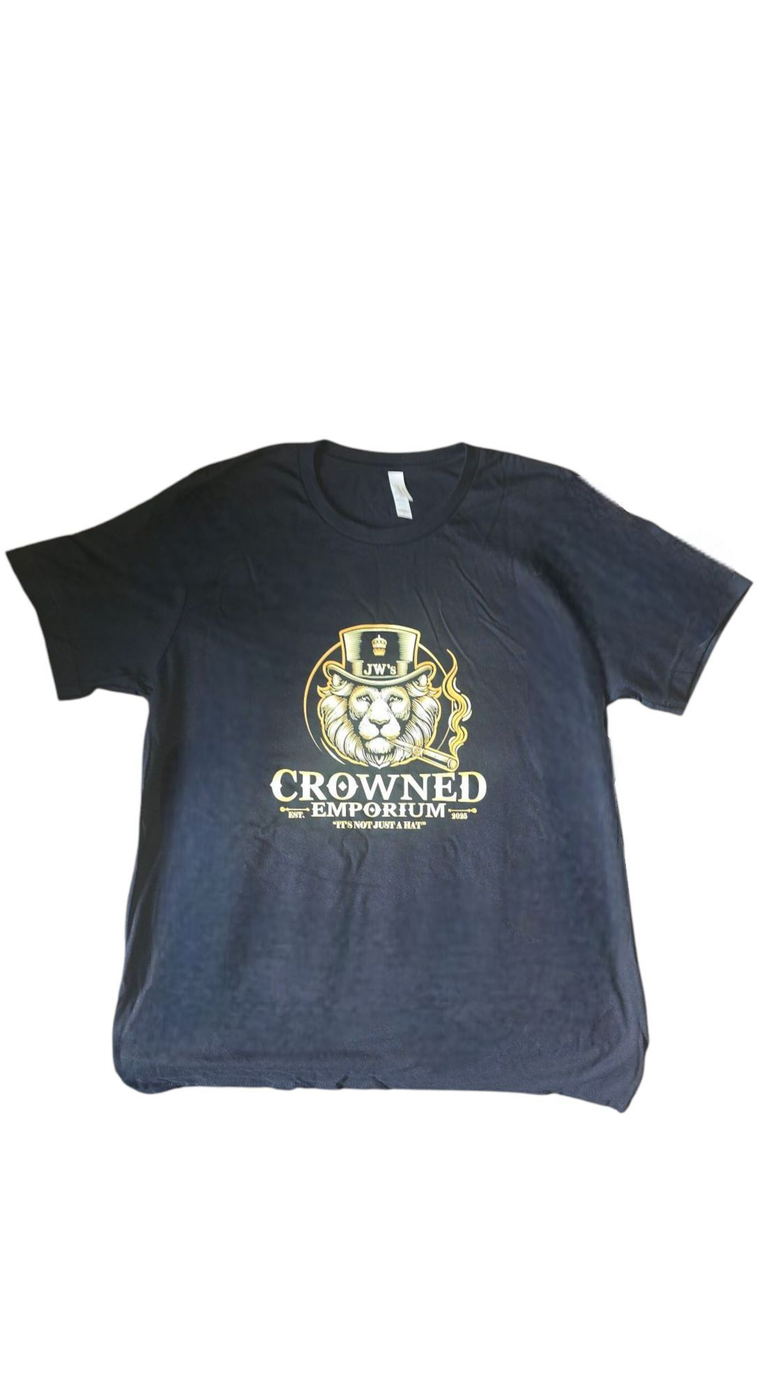JW's Crowned Emporium Black 50% cotton 50% Polyester T-Shirt (Front Side-with logo and back side with business slogan)