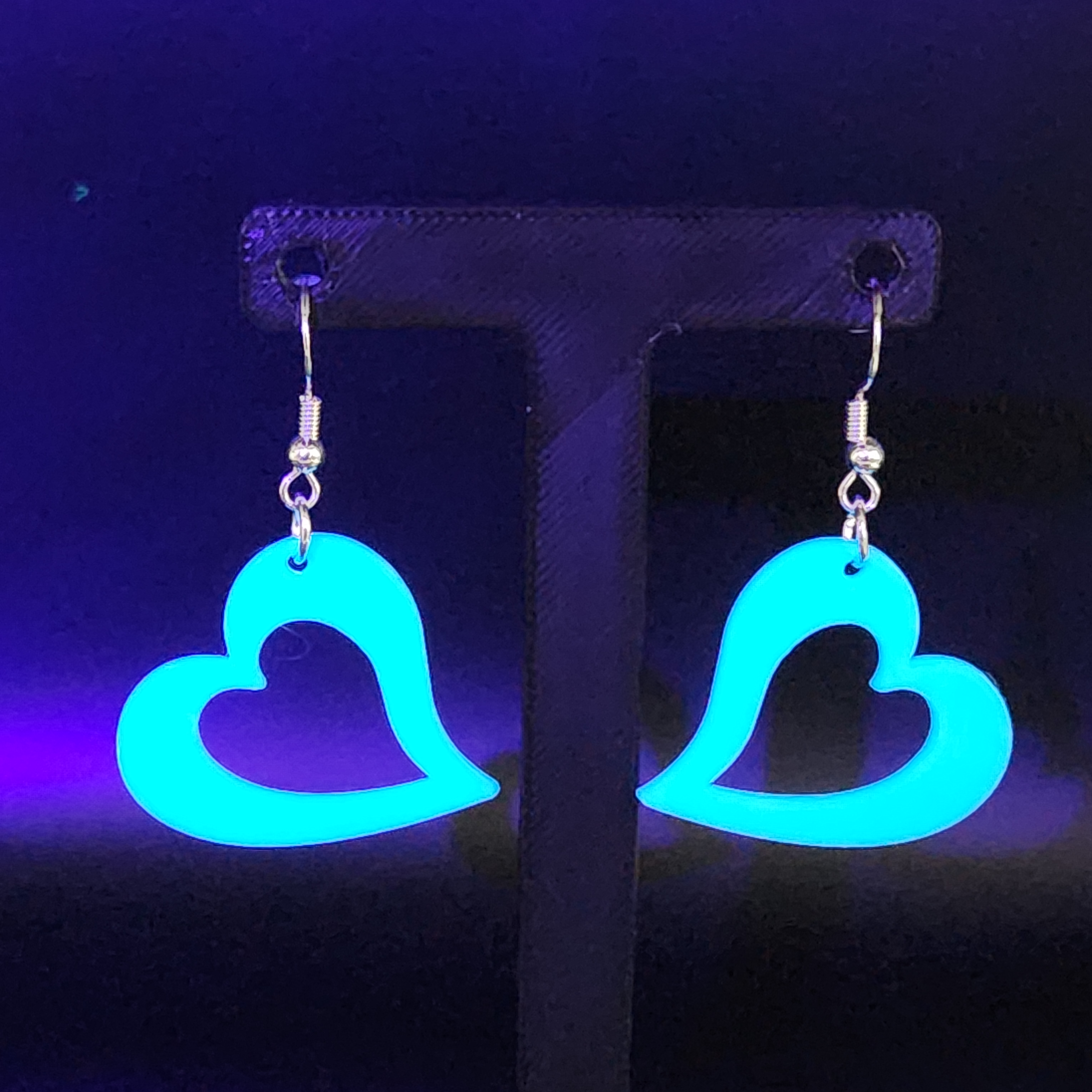 Blue, Glow in the Dark Hologram Heart Earrings