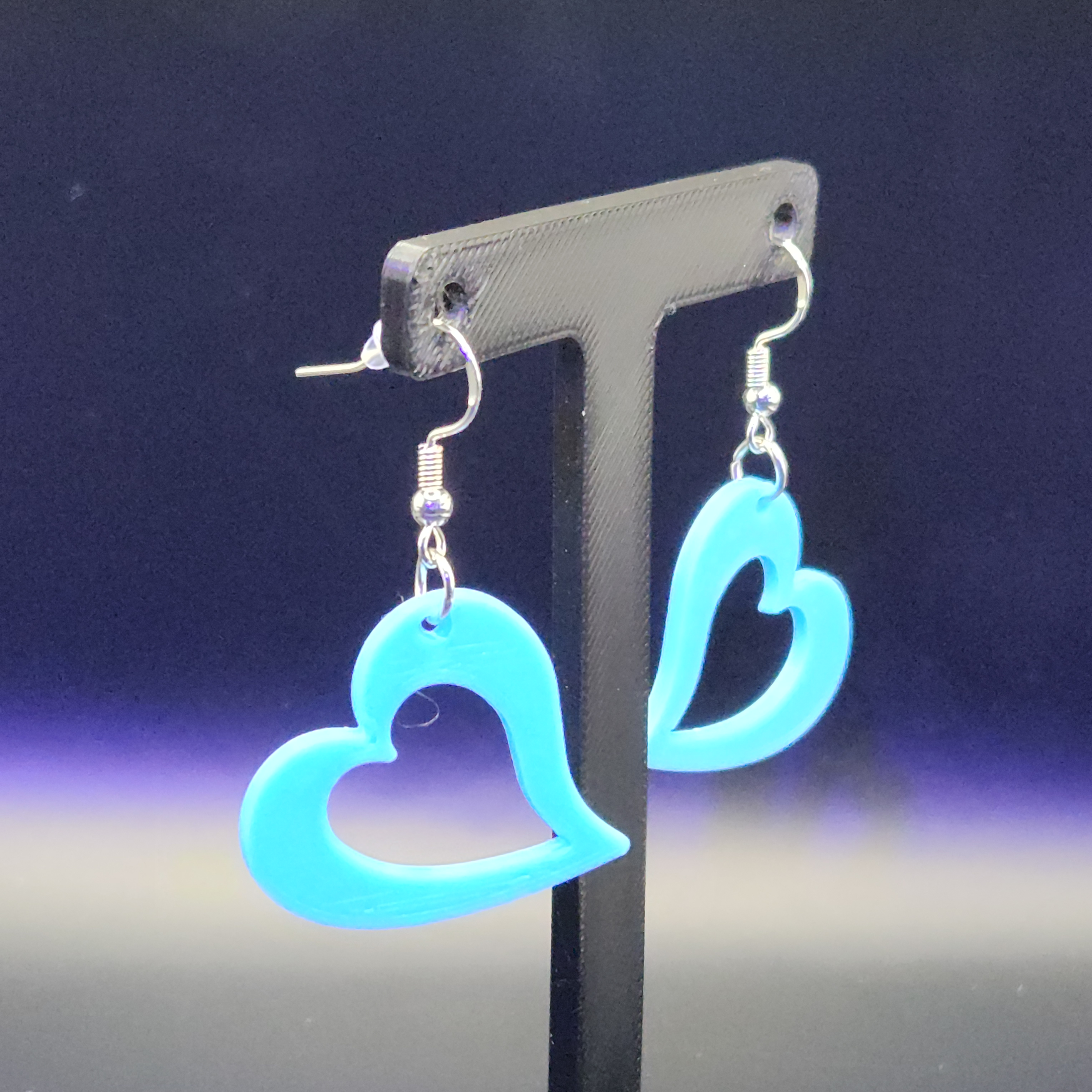 Blue, Glow in the Dark Hologram Heart Earrings