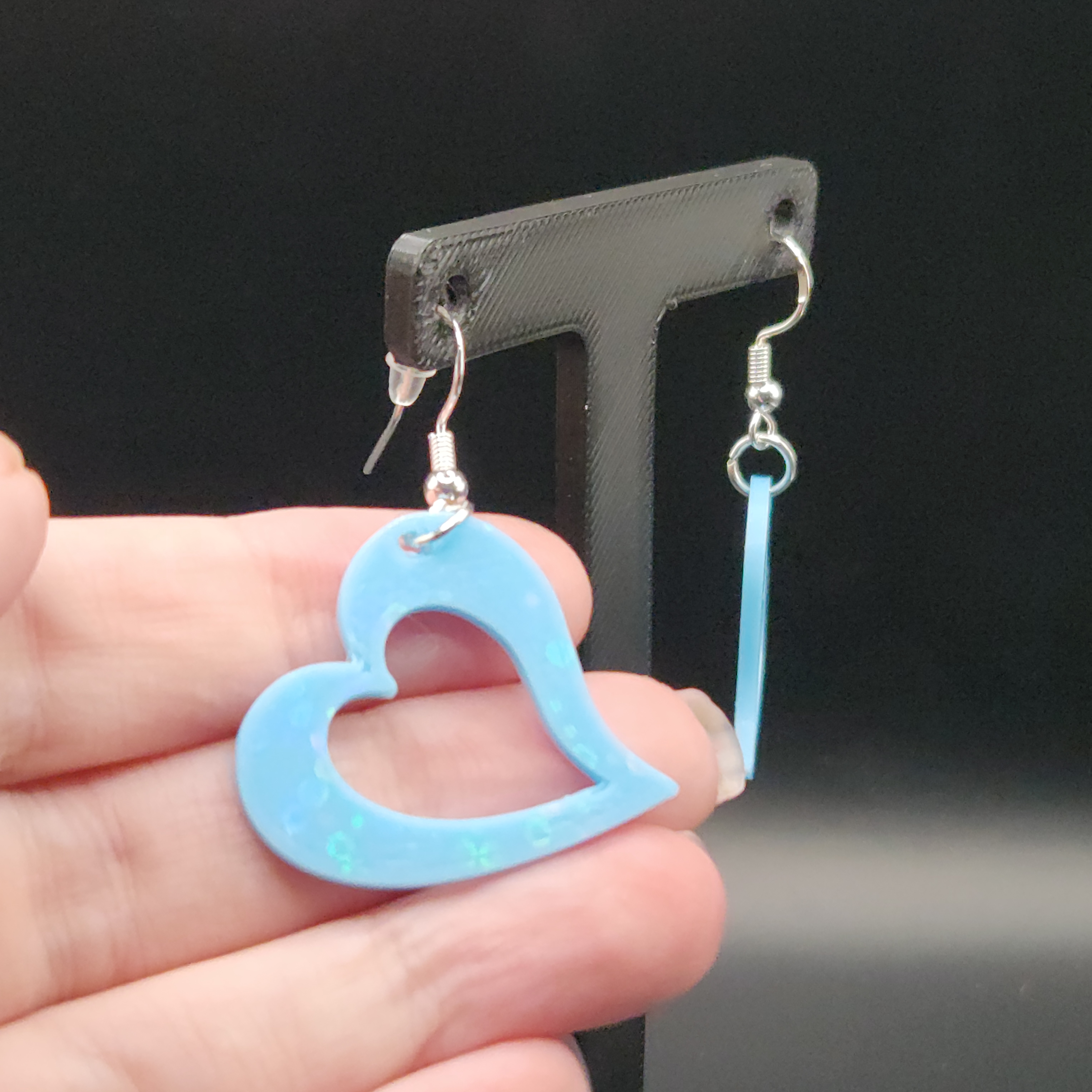 Blue, Glow in the Dark Hologram Heart Earrings