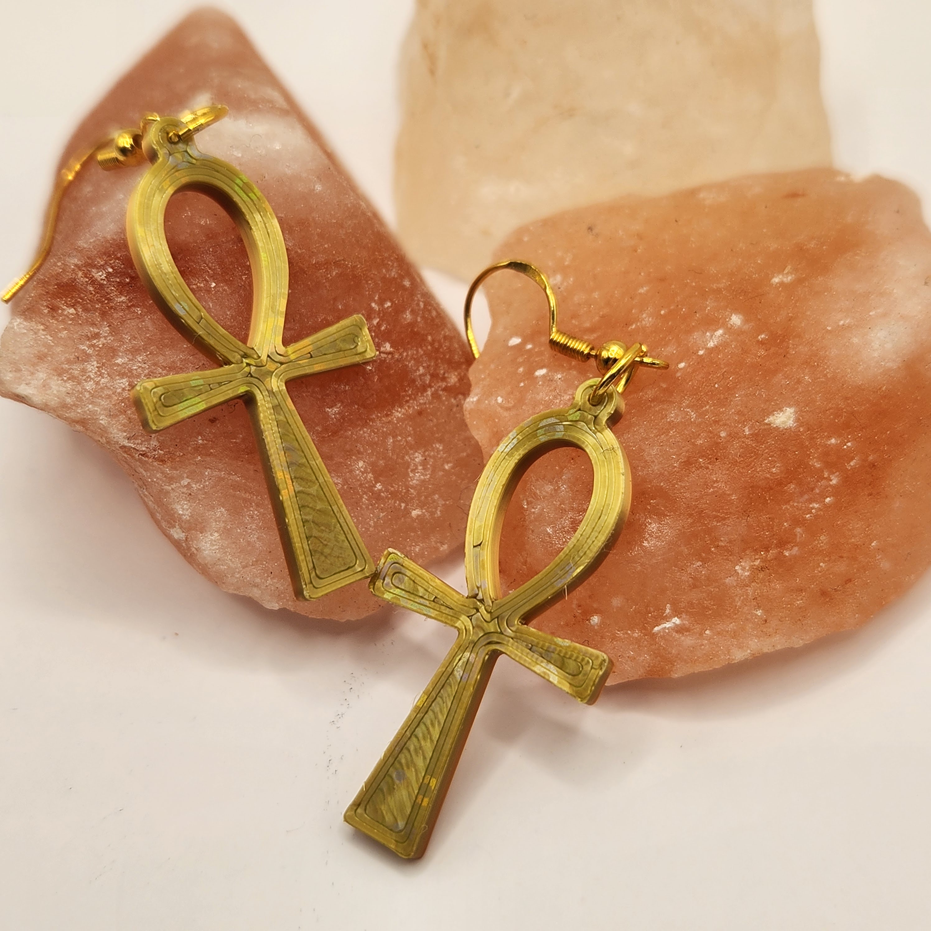 Gold, Green, or Purple Colored Ankh Earrings