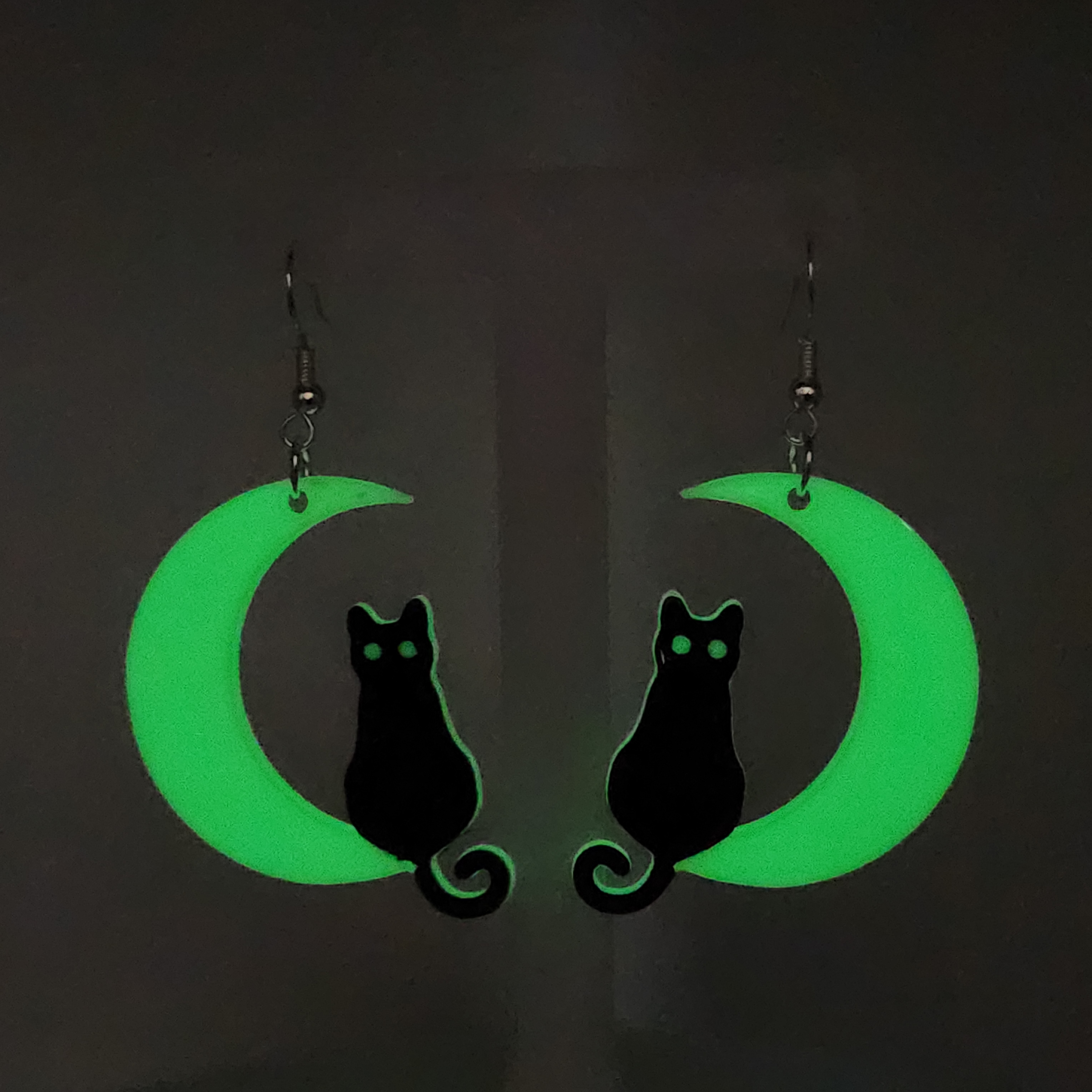Glow in the Dark Black Cat and Green Moon Hologram Earrings