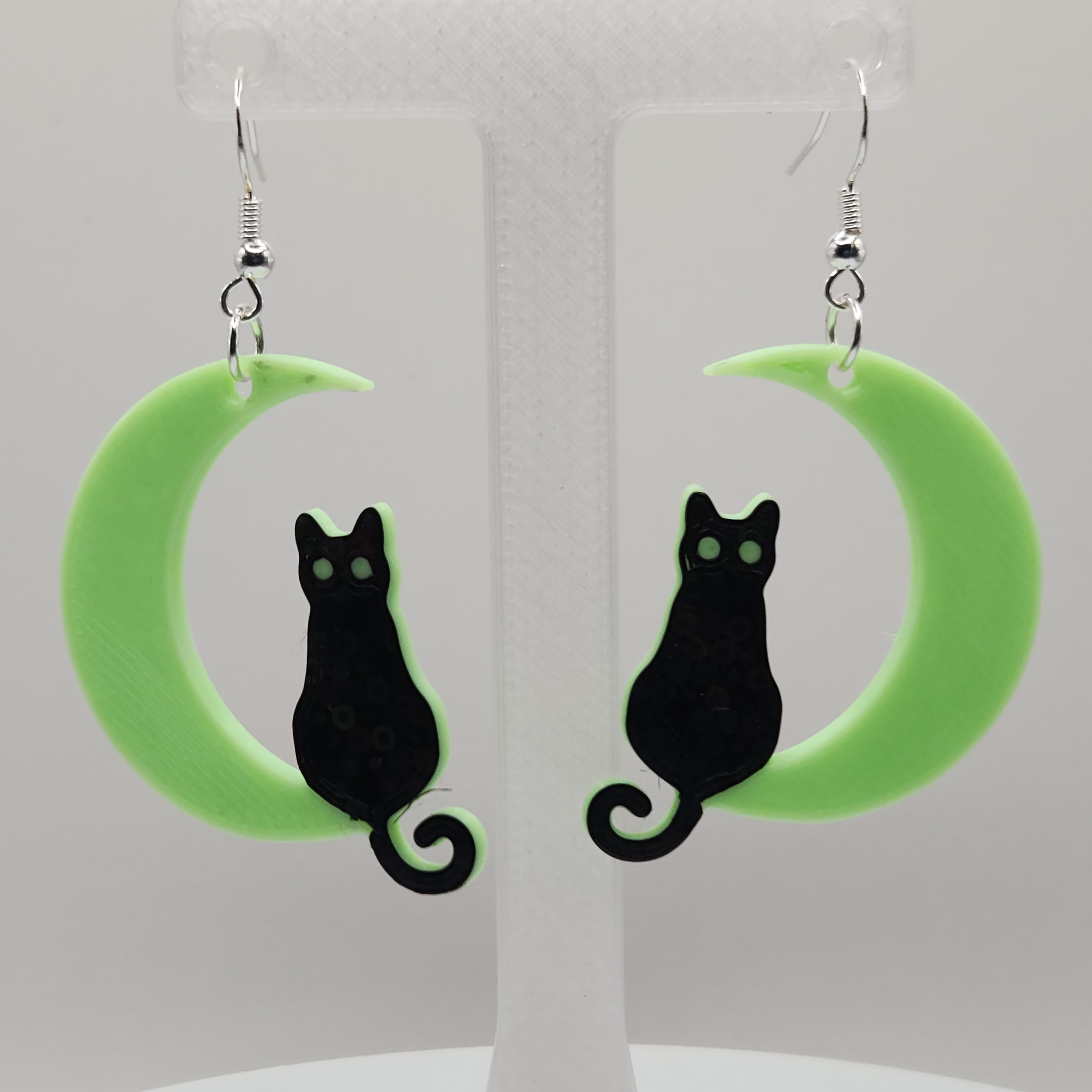 Glow in the Dark Black Cat and Green Moon Hologram Earrings