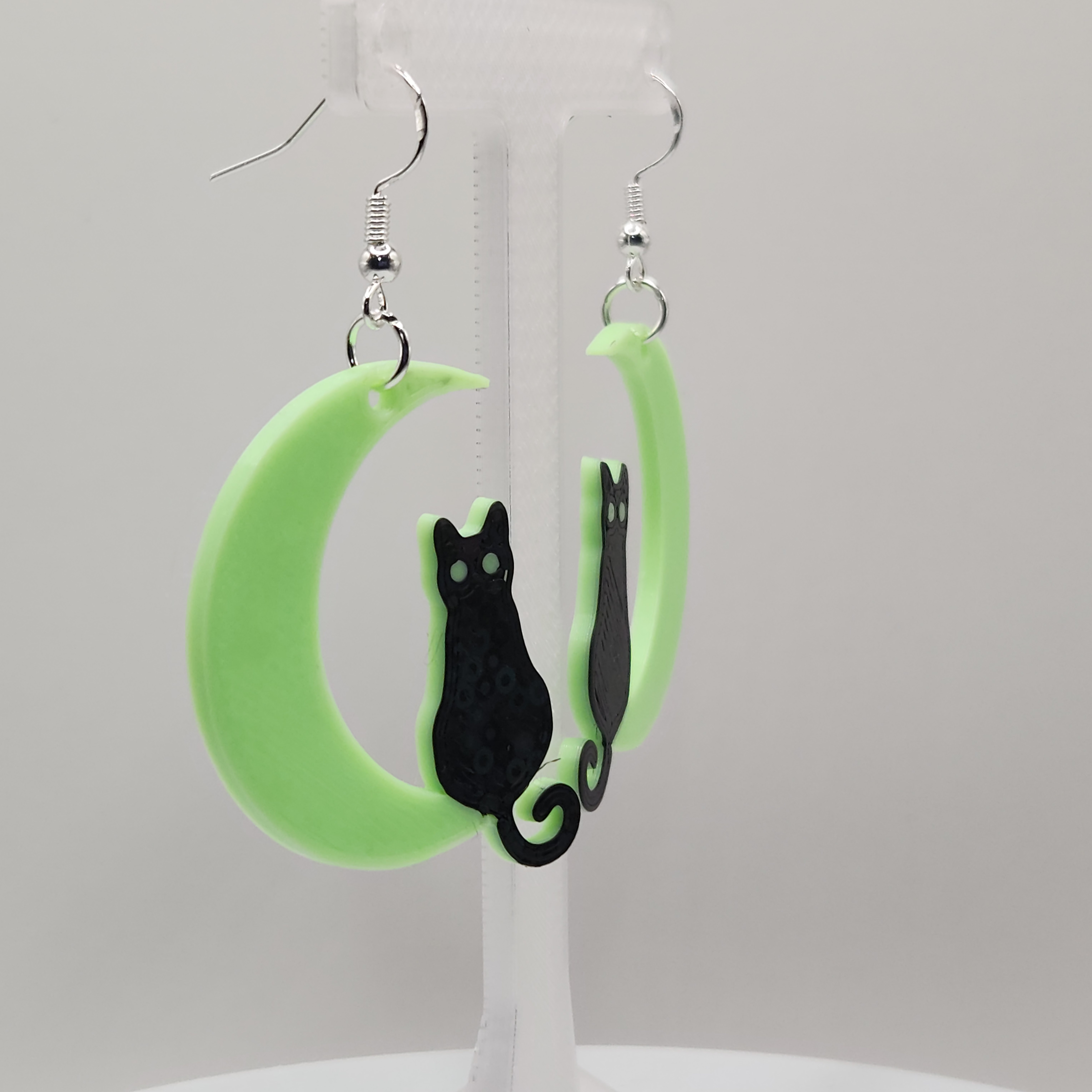 Glow in the Dark Black Cat and Green Moon Hologram Earrings