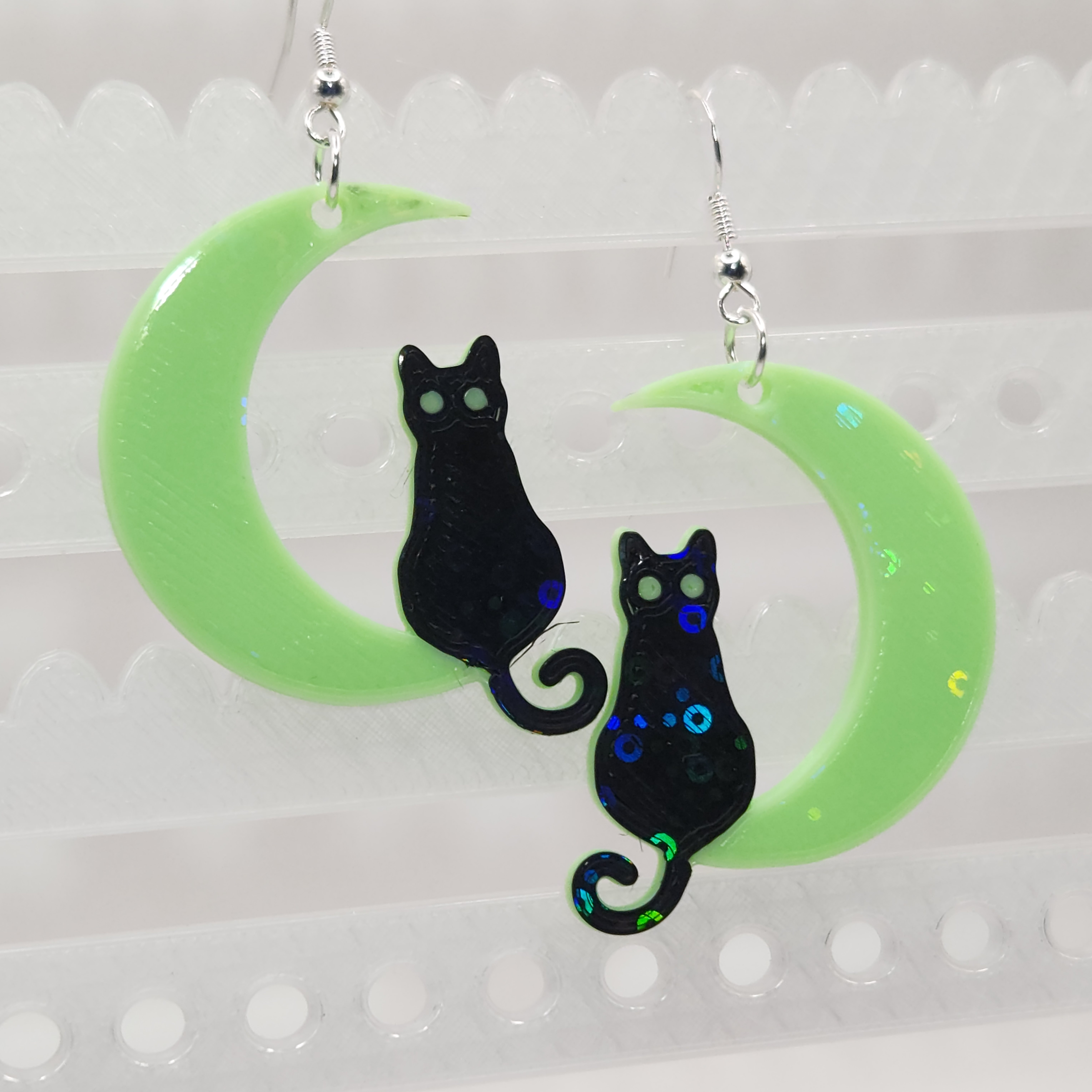 Glow in the Dark Black Cat and Green Moon Hologram Earrings