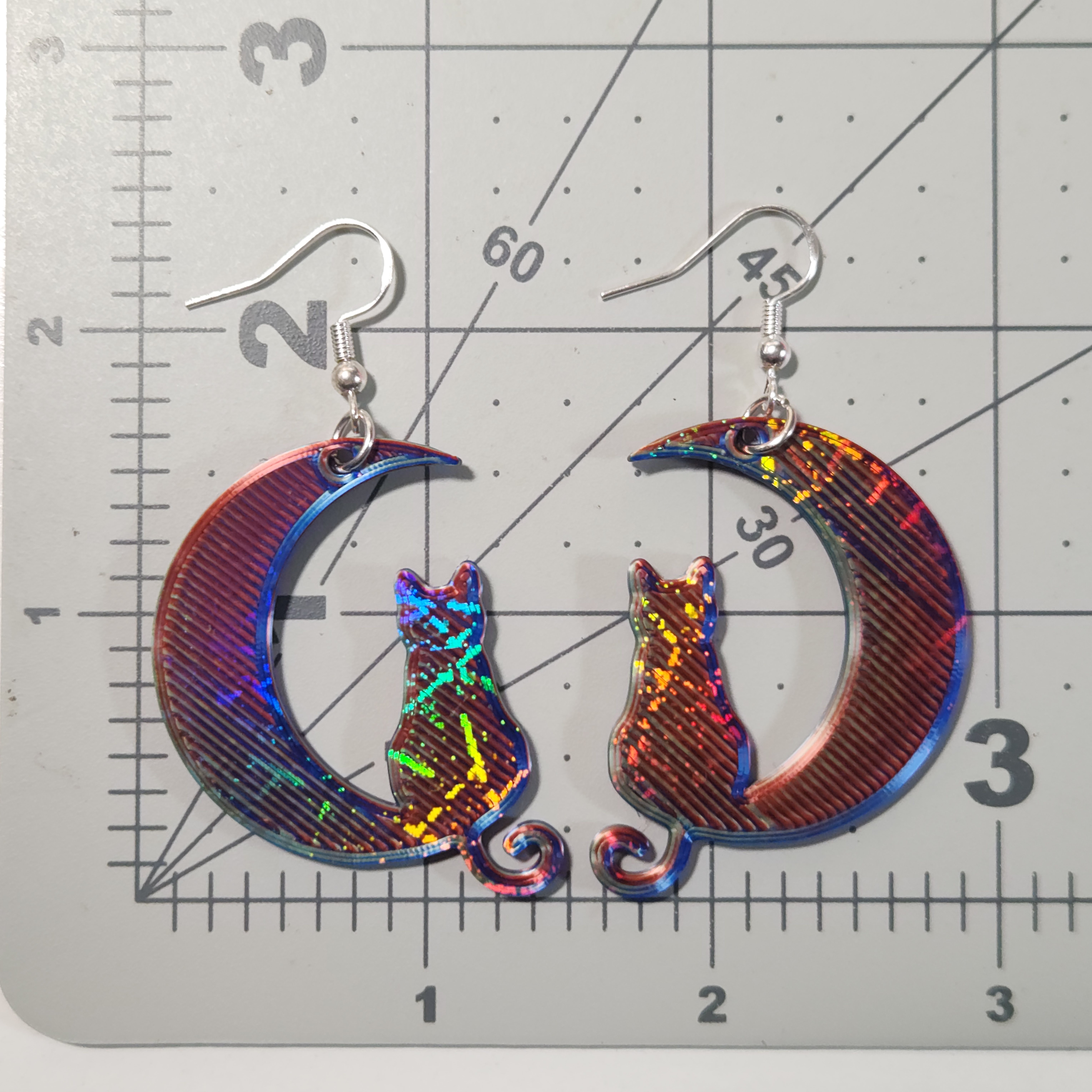 Holographic Red, Blue, and Green Cat Moon Earrings