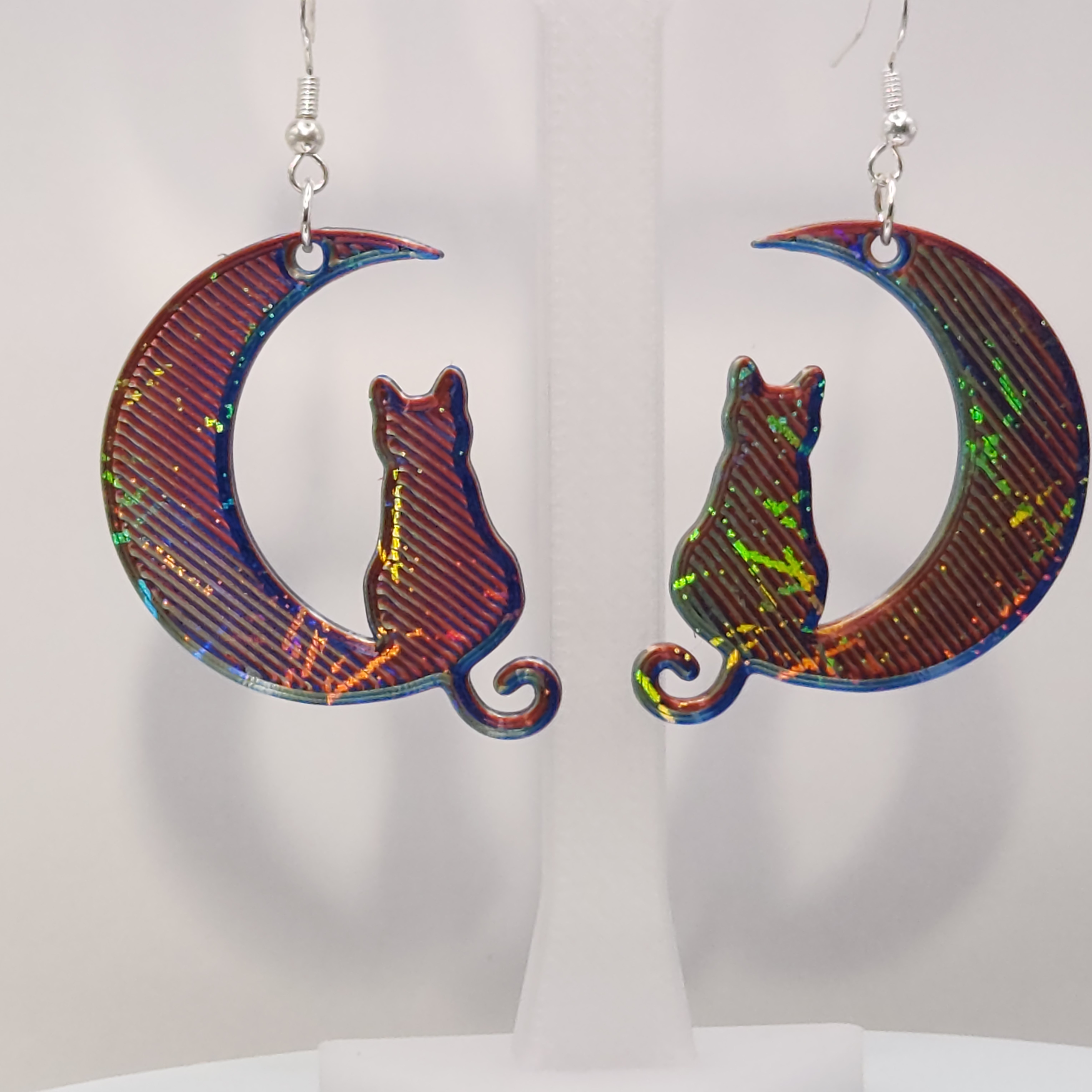 Holographic Red, Blue, and Green Cat Moon Earrings