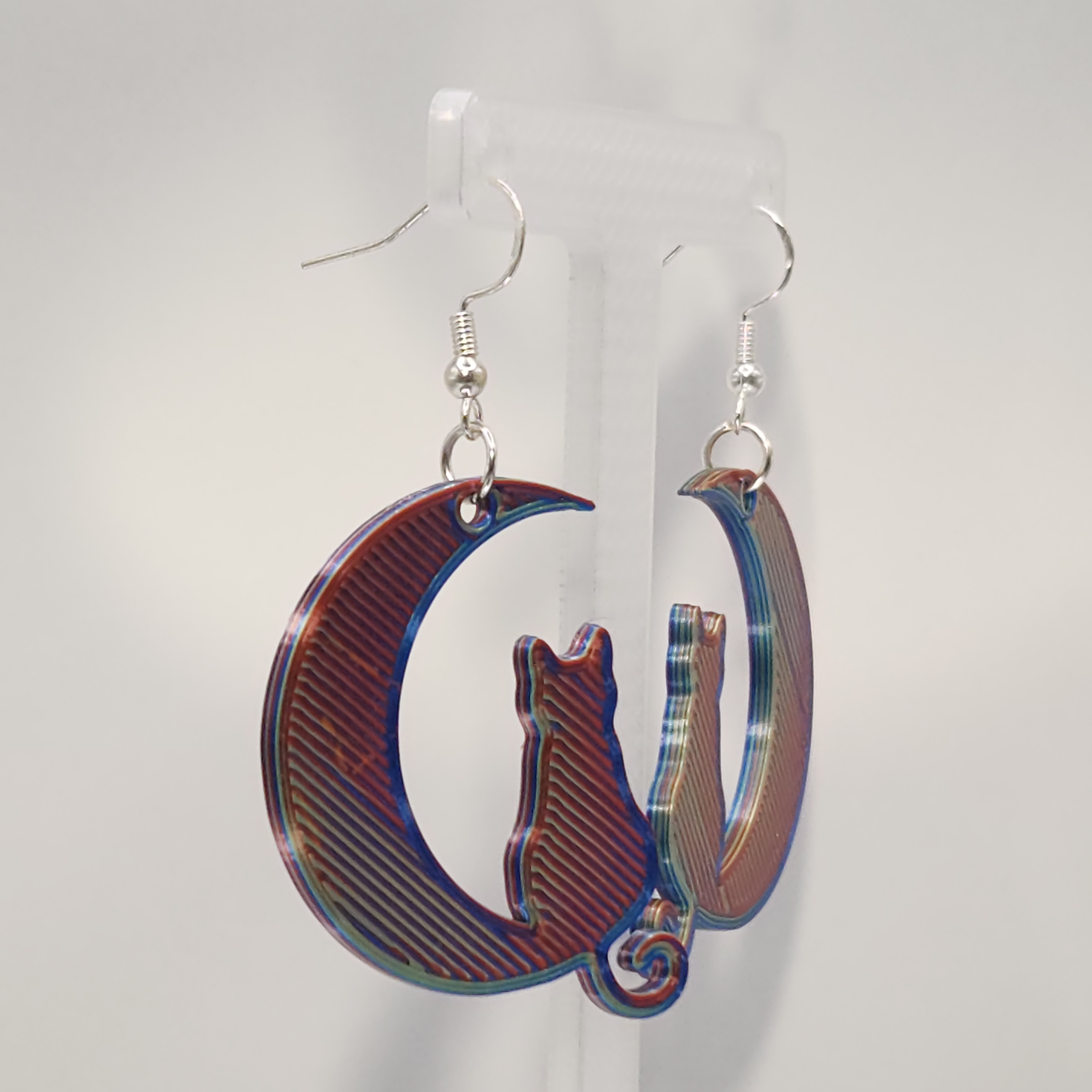 Holographic Red, Blue, and Green Cat Moon Earrings