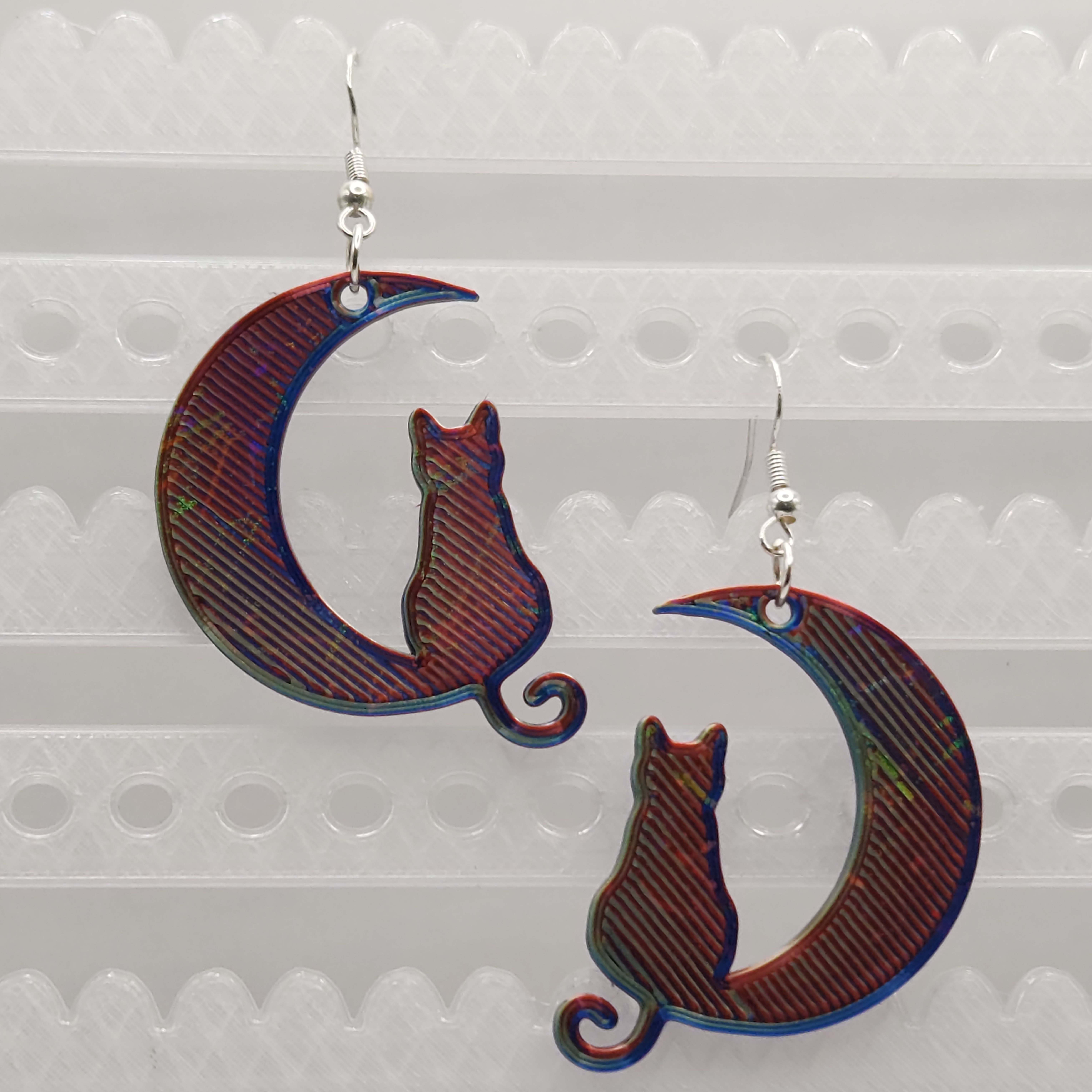 Holographic Red, Blue, and Green Cat Moon Earrings
