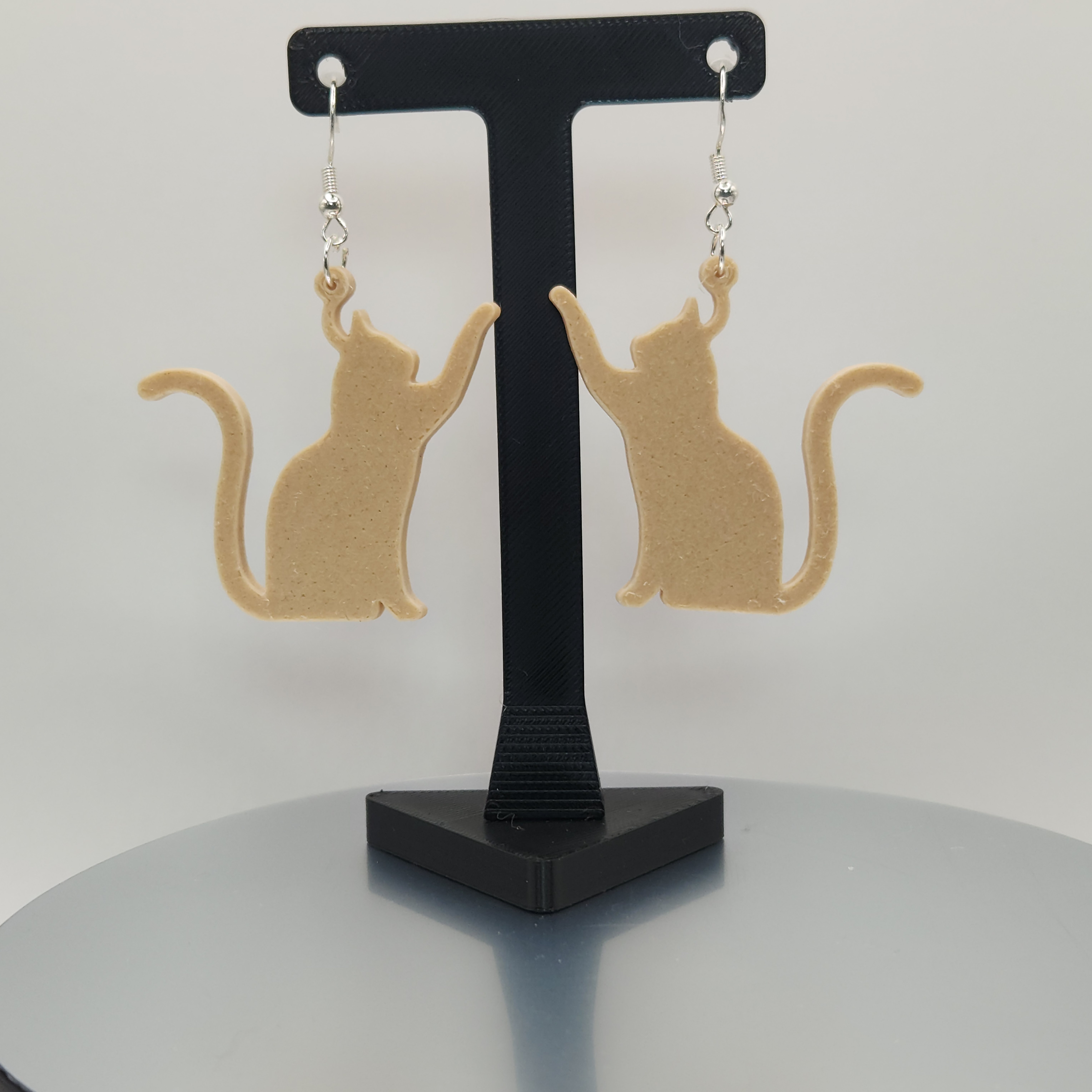 Tan, Wood Based PLA 3D Printed Cat-Shaped Earrings