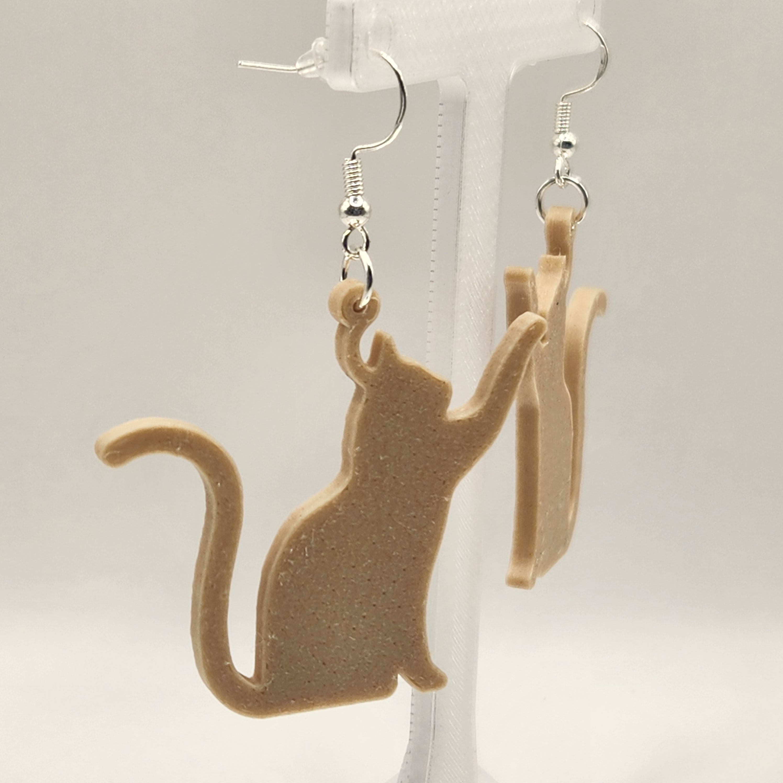 Tan, Wood Based PLA 3D Printed Cat-Shaped Earrings