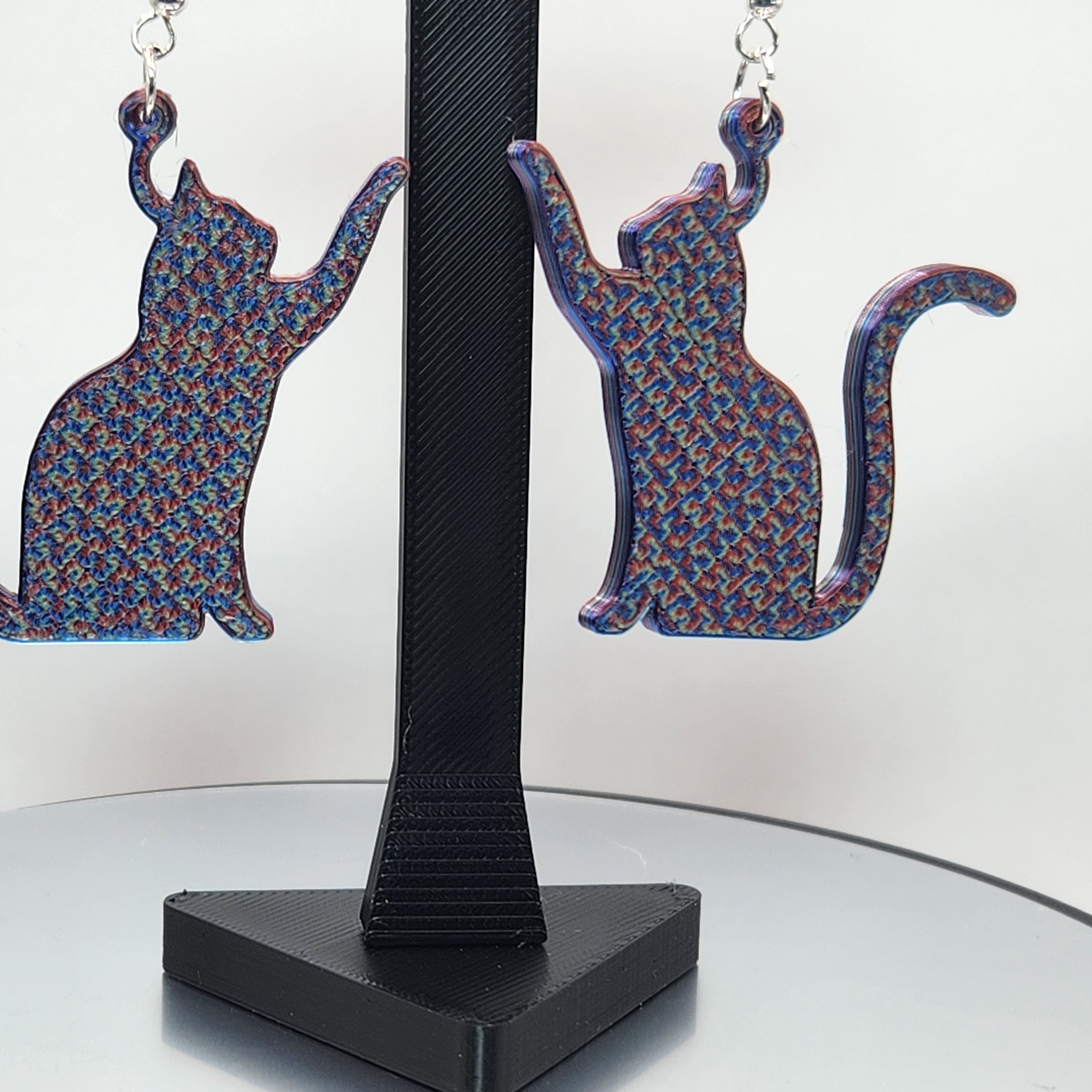 Red, Blue, Green Colorful Hologram Cat-Shaped Earrings