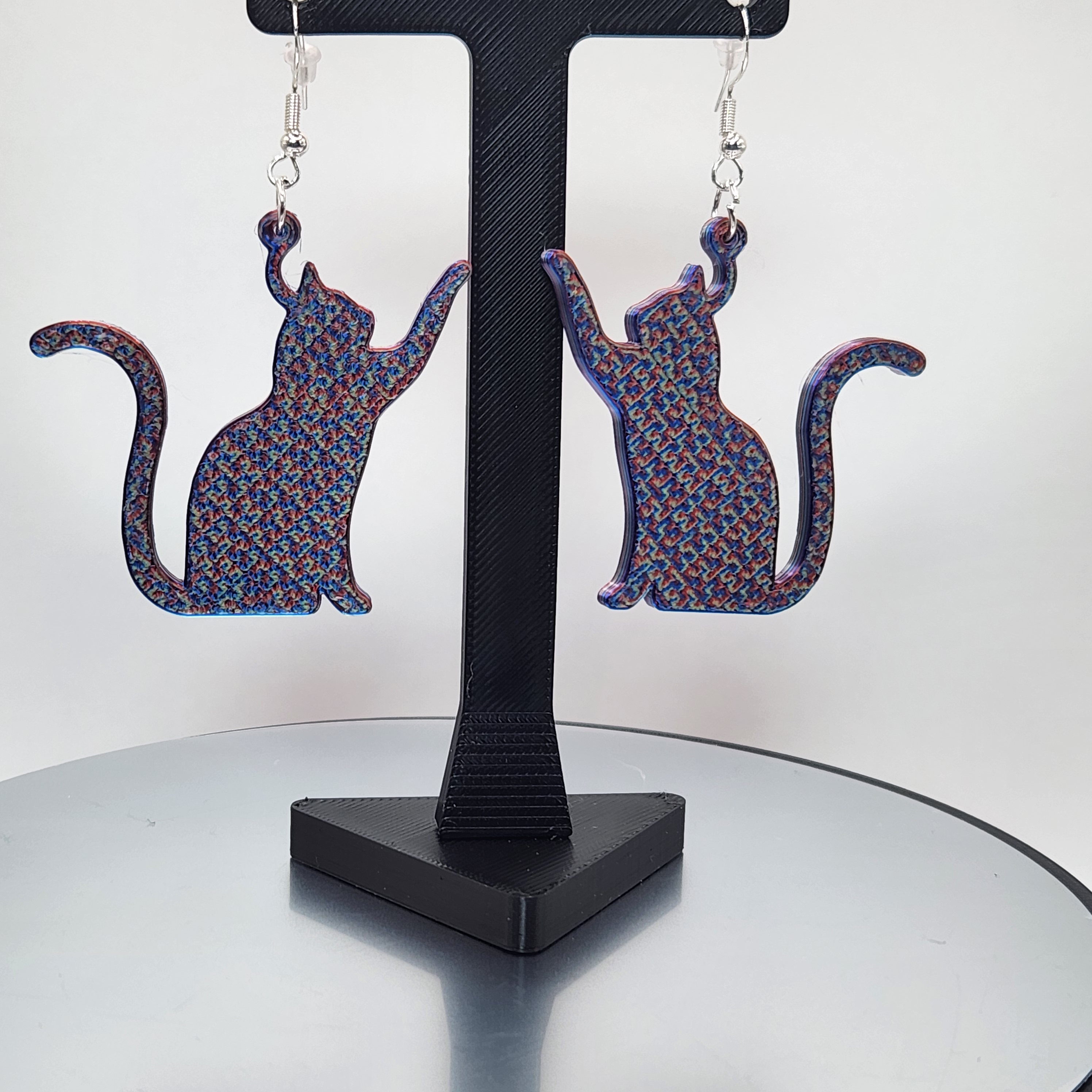 Red, Blue, Green Colorful Hologram Cat-Shaped Earrings