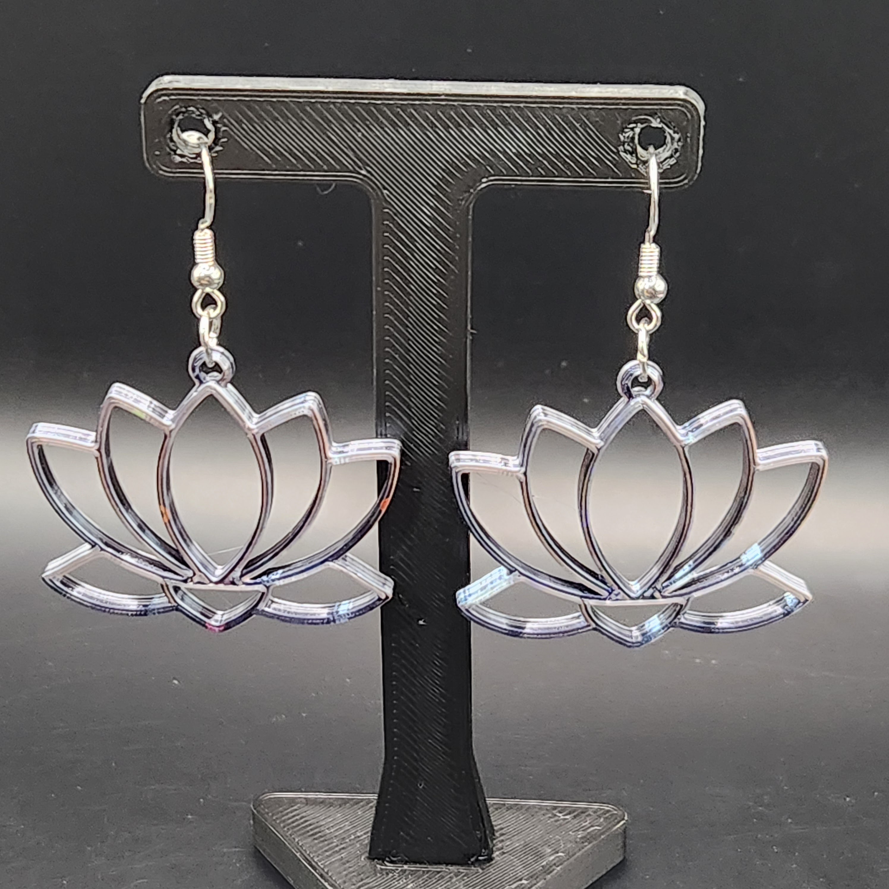 Hologram Silver and Black Lotus Flower Earrings 