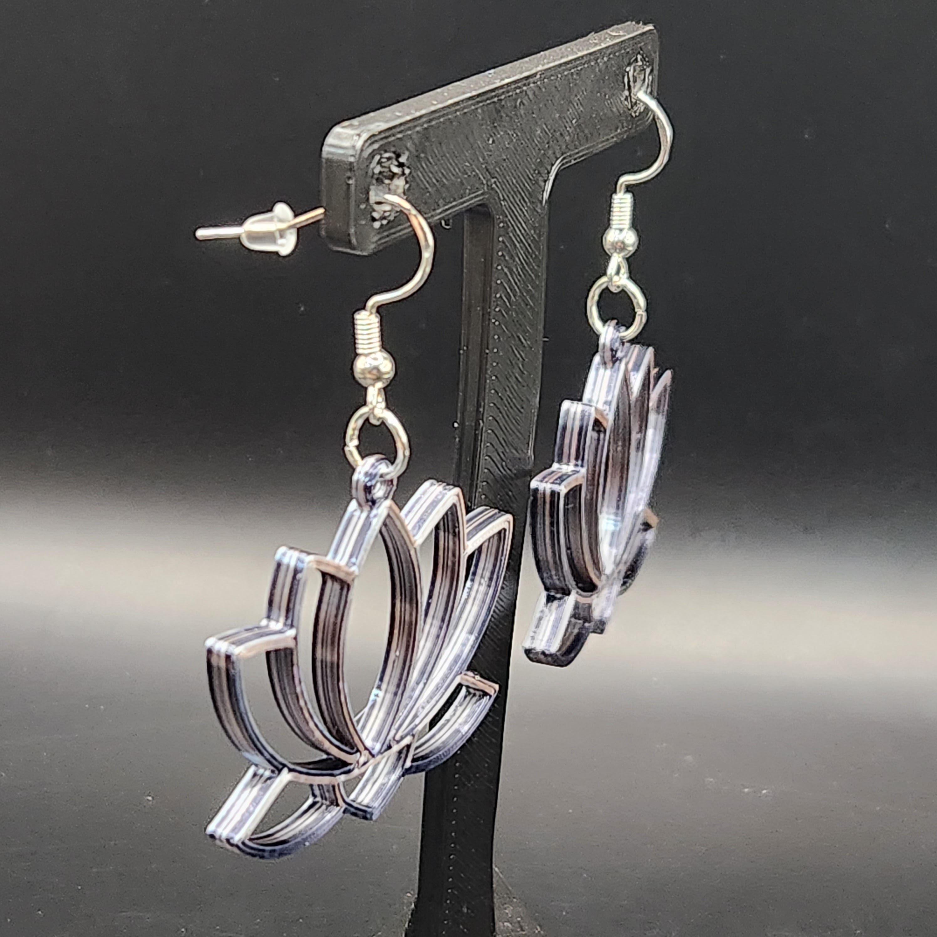 Hologram Silver and Black Lotus Flower Earrings 