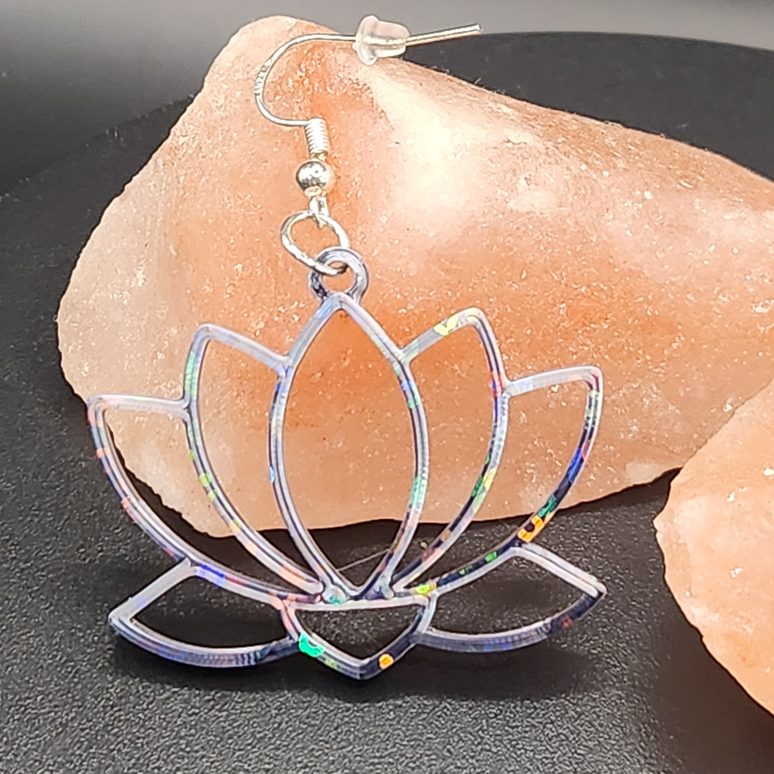 Hologram Silver and Black Lotus Flower Earrings 