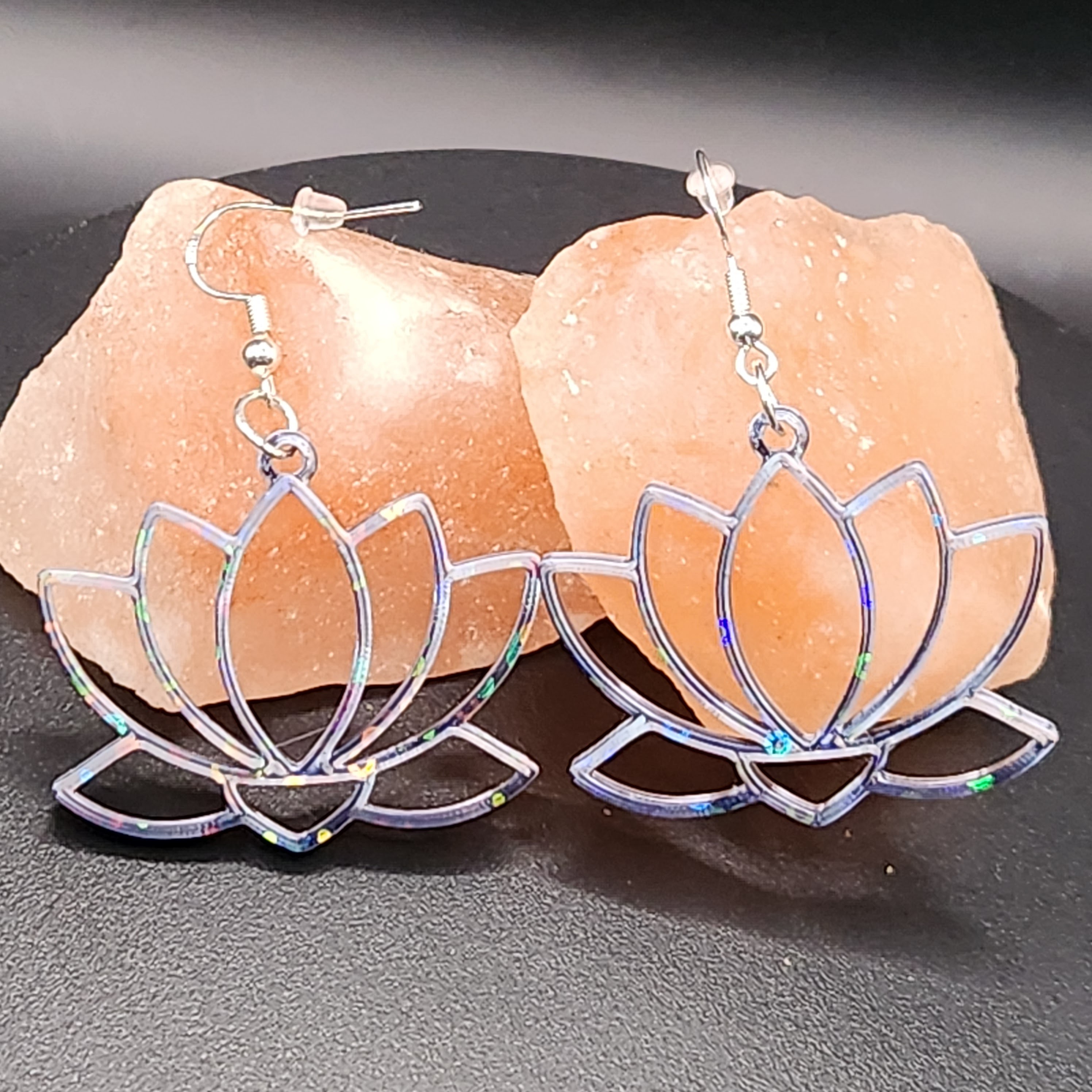 Hologram Silver and Black Lotus Flower Earrings 