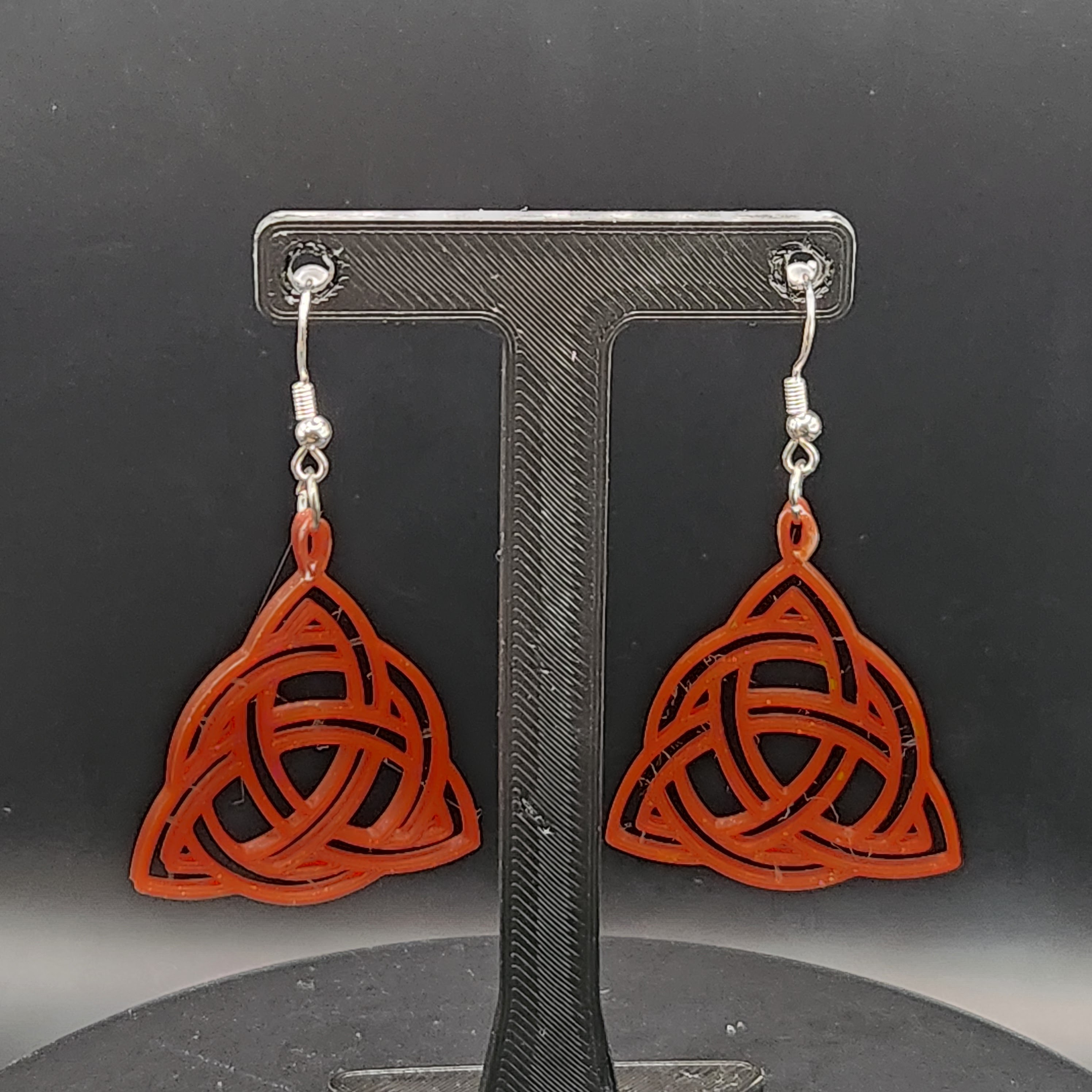 Hologram Sparkly Red Triangle Celtic Knot Triquetra Earrings
