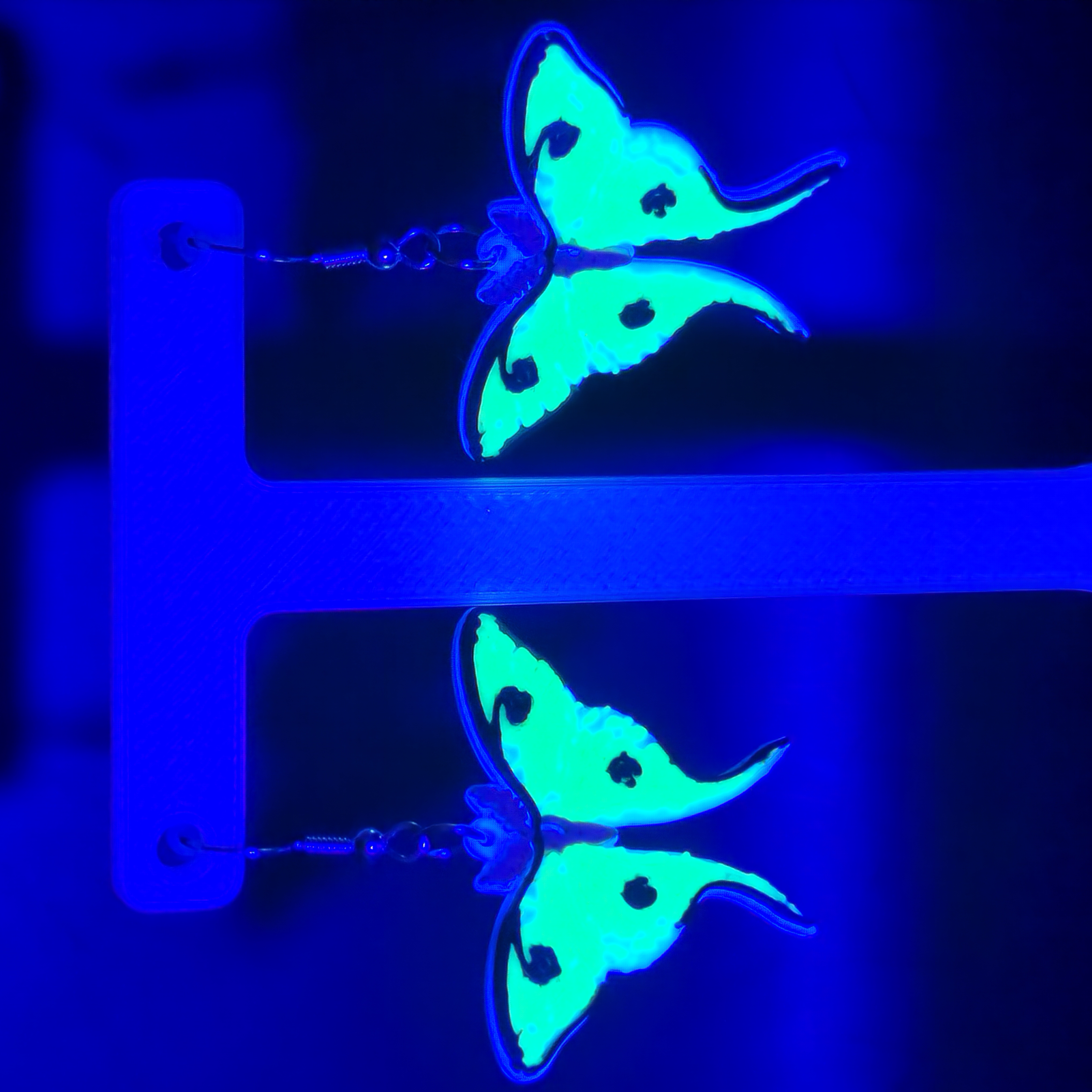 Green Glow Luna Moth Earrings Glow in the Dark Blacklight Reactive 3D Printed Accessory