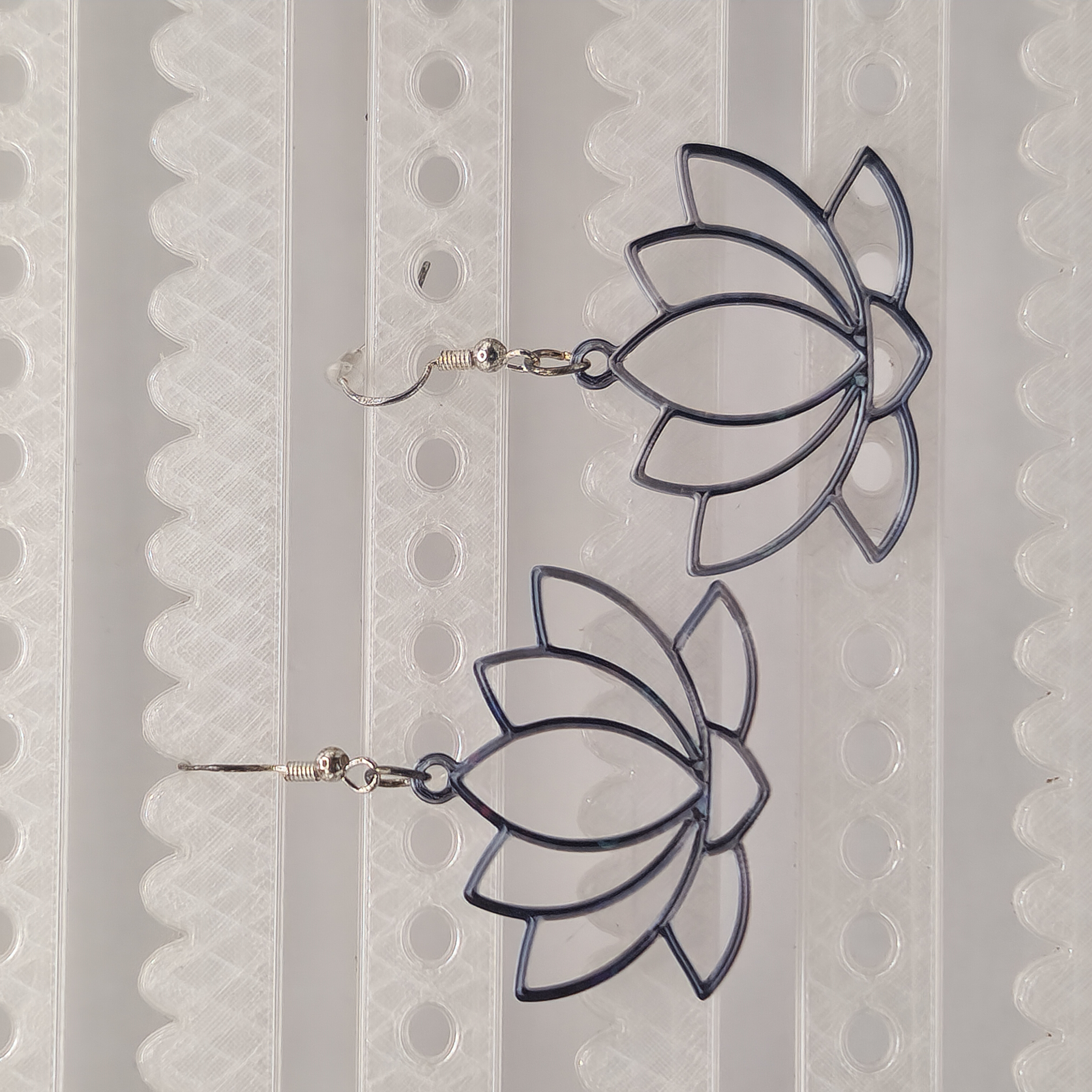 Hologram Lotus Flower Earrings Silver and Black 3D Printed Accessory 