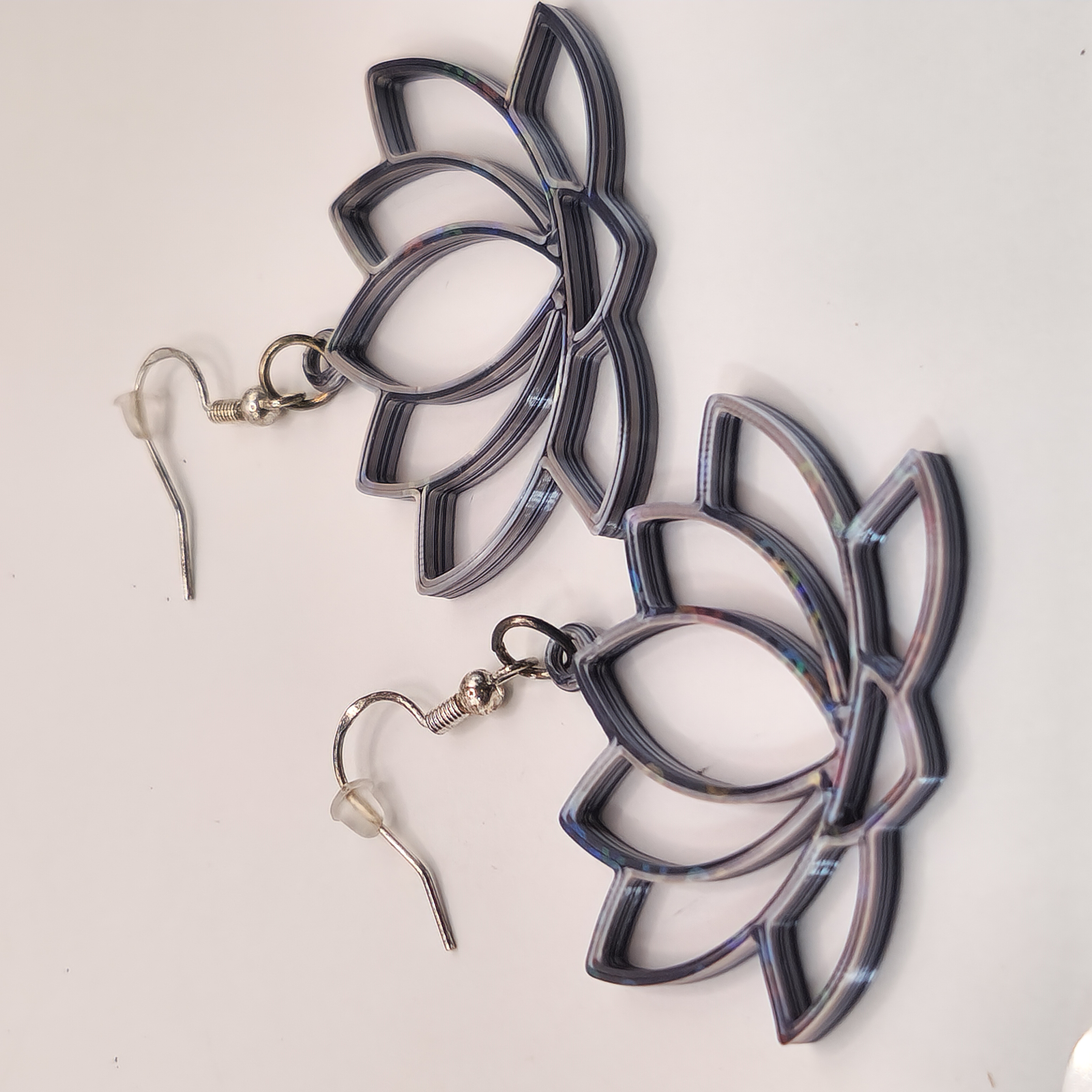 Hologram Lotus Flower Earrings Silver and Black 3D Printed Accessory 