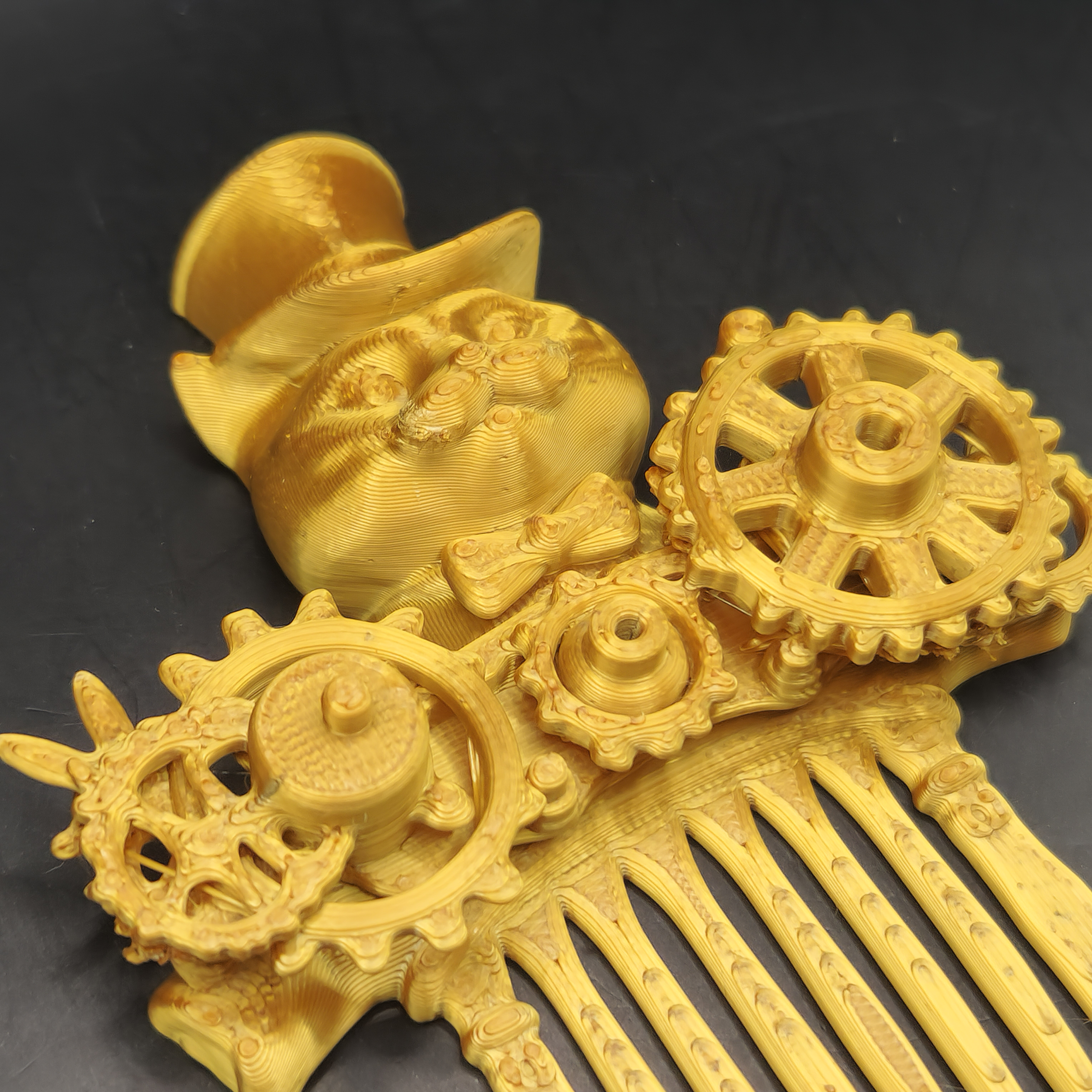 Steampunk Golden Cat in a Top Hat Hair Comb 3D Printed Hair Accessory