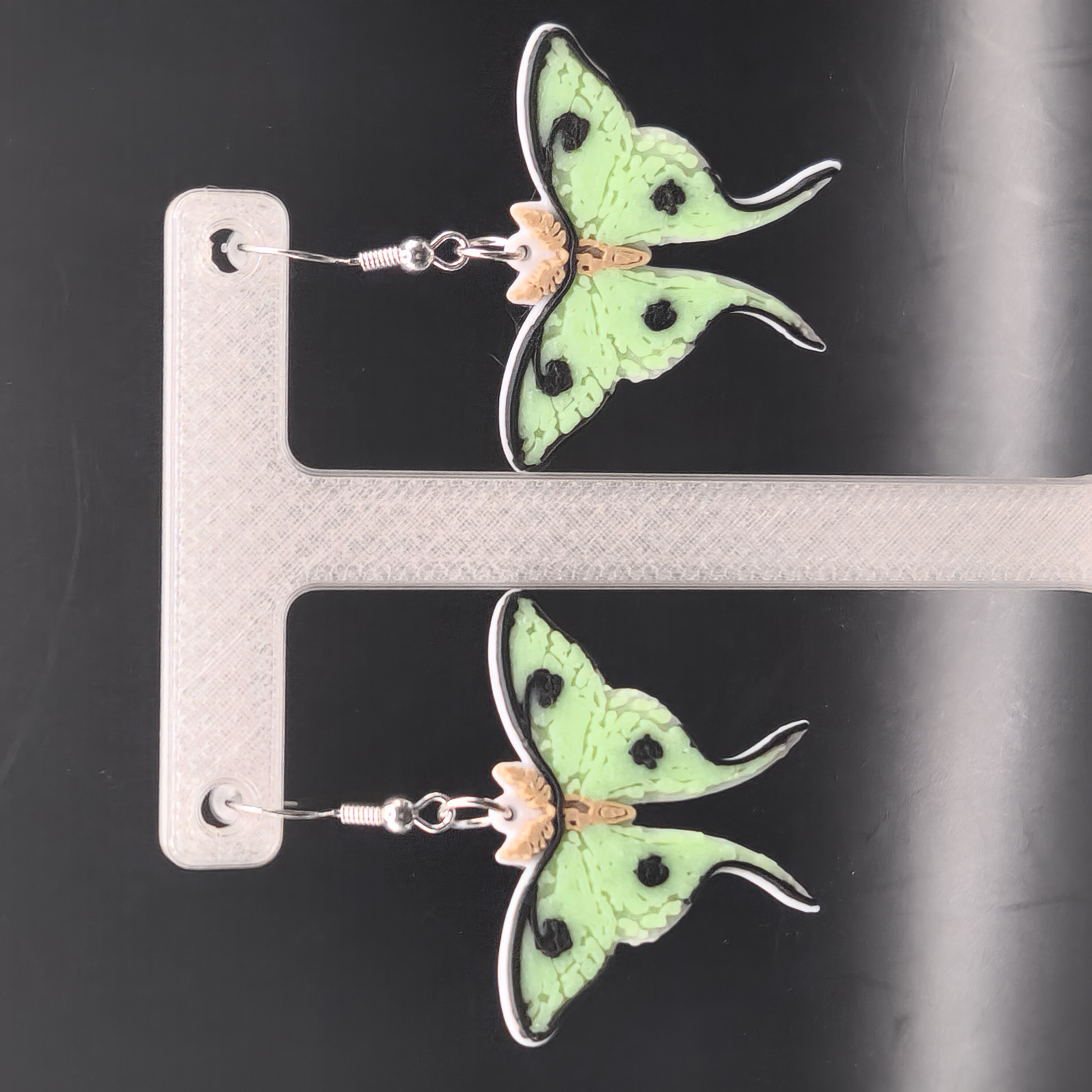 Green Glow Luna Moth Earrings Glow in the Dark Blacklight Reactive 3D Printed Accessory
