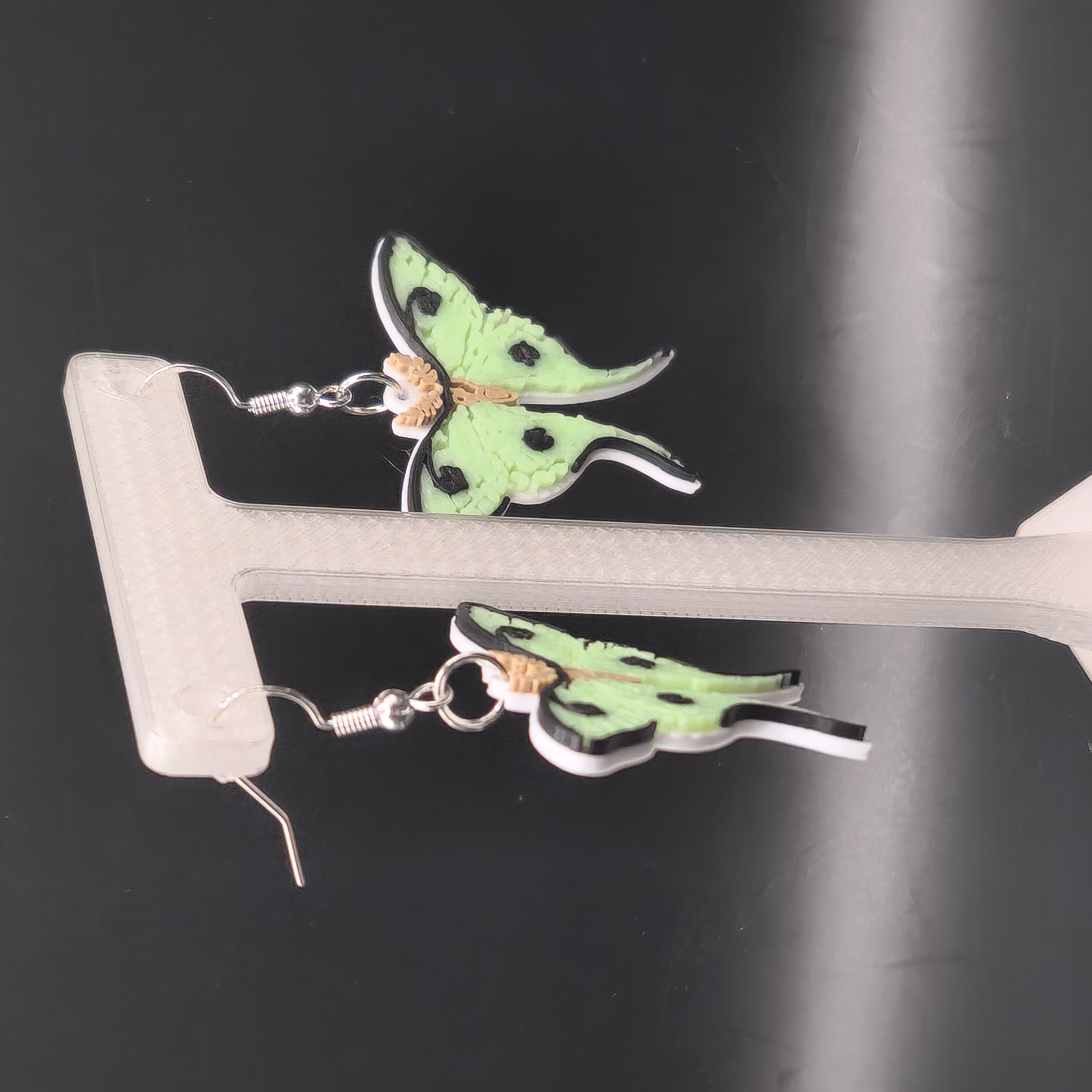 Green Glow Luna Moth Earrings Glow in the Dark Blacklight Reactive 3D Printed Accessory