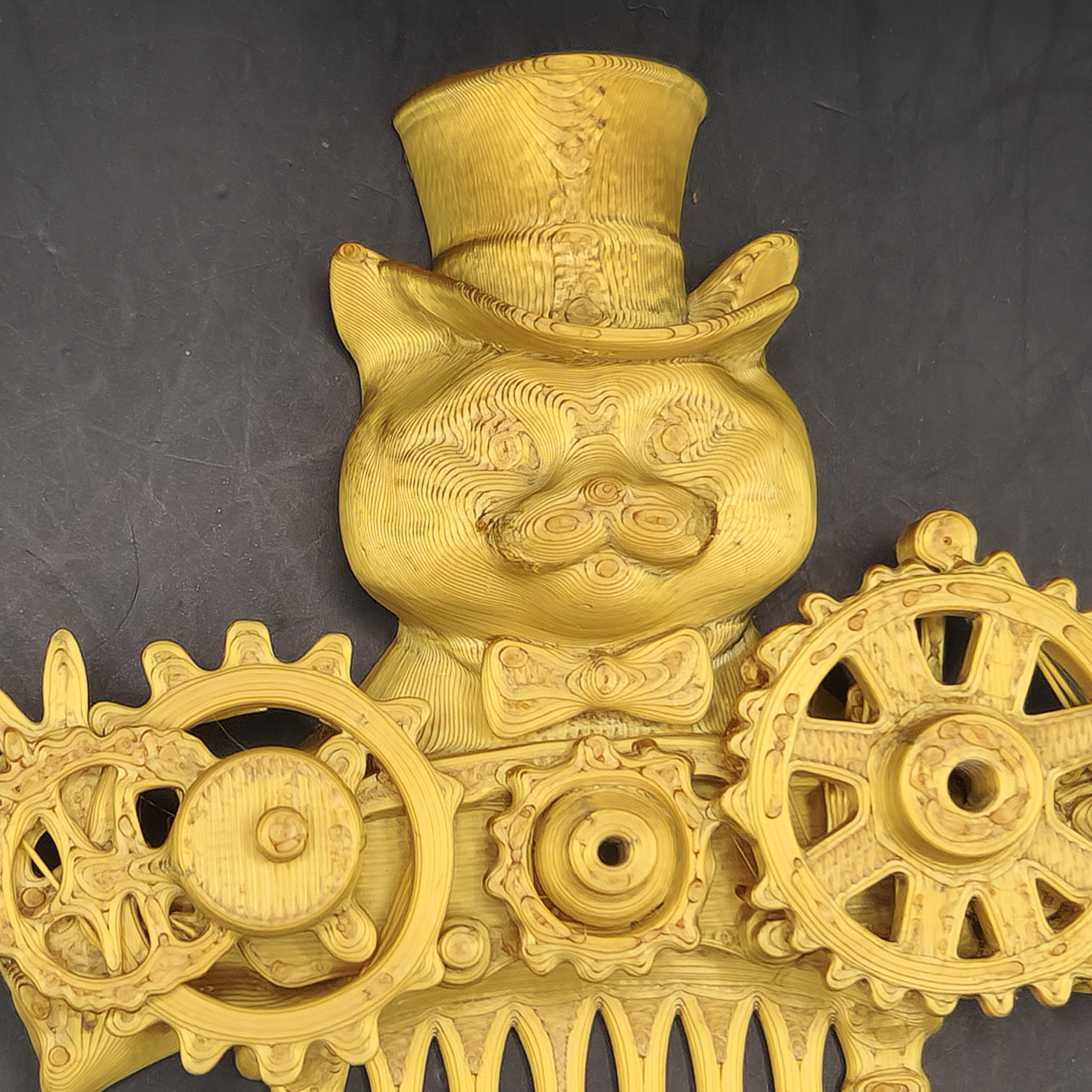 Steampunk Golden Cat in a Top Hat Hair Comb 3D Printed Hair Accessory