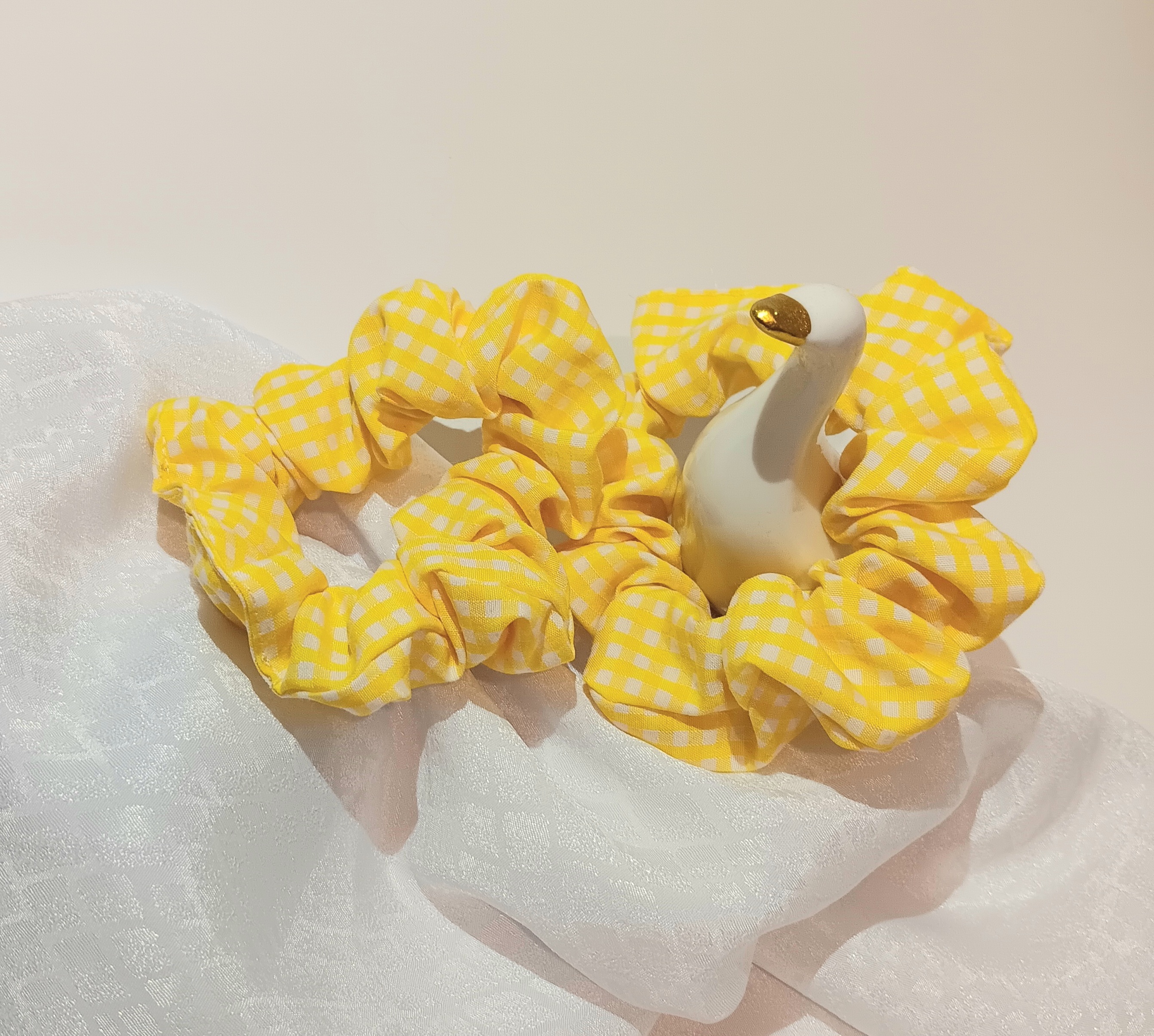 Two Yellow Gingham Hair Scrunchies 