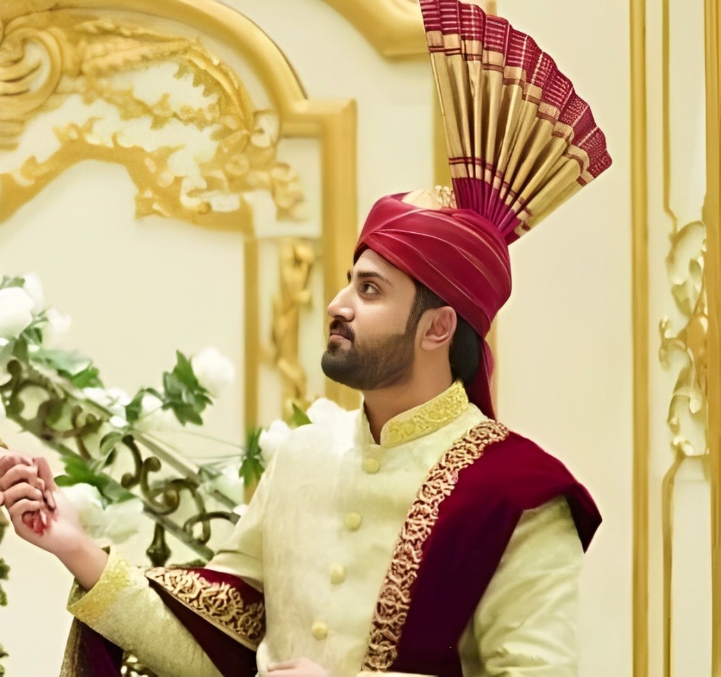 Cream and Maroon Sherwani with a Grand Turban.