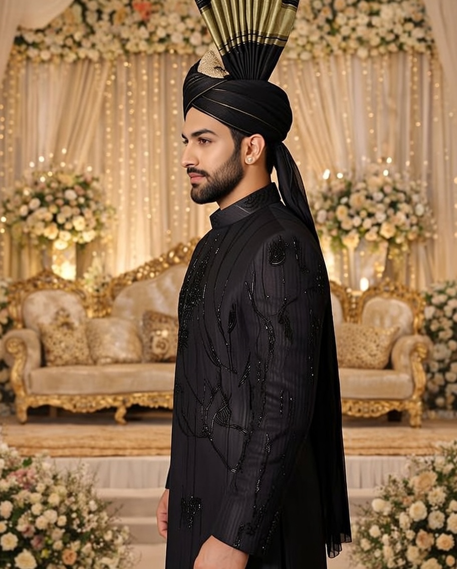 Regal Black Sherwani with a Striking Turban.
