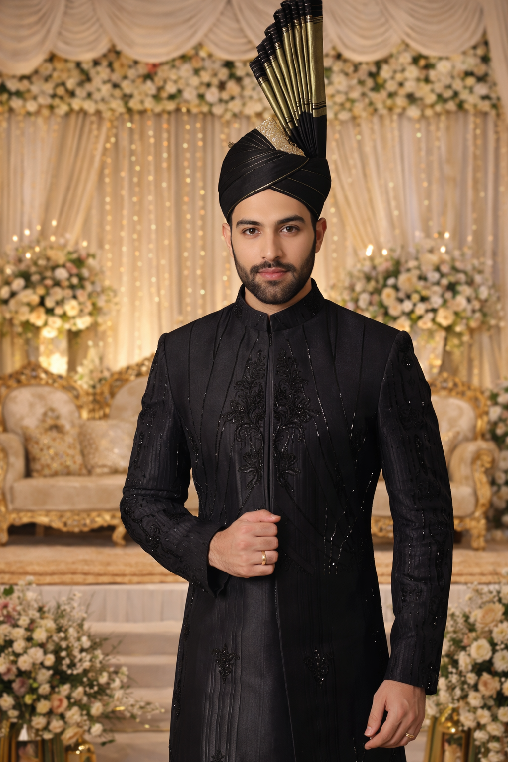 Regal Black Sherwani with a Striking Turban.