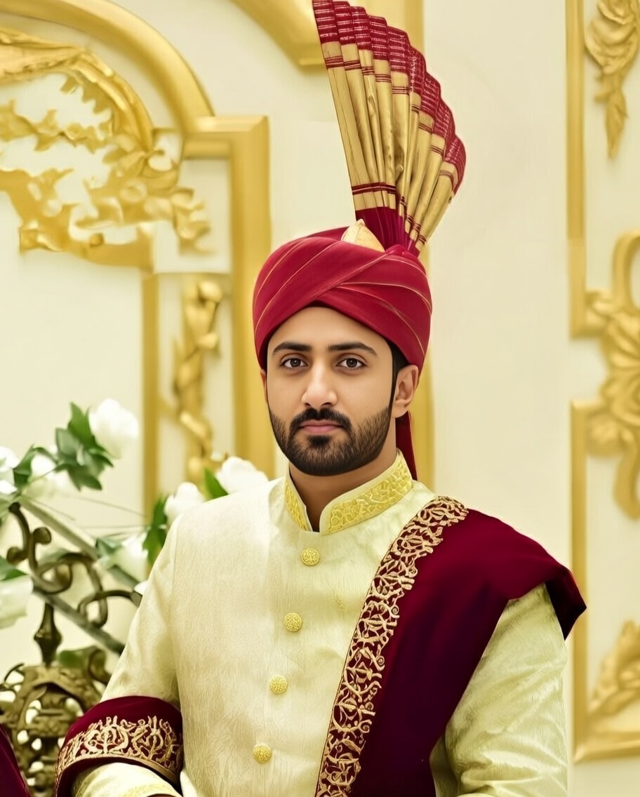 Cream and Maroon Sherwani with a Grand Turban.