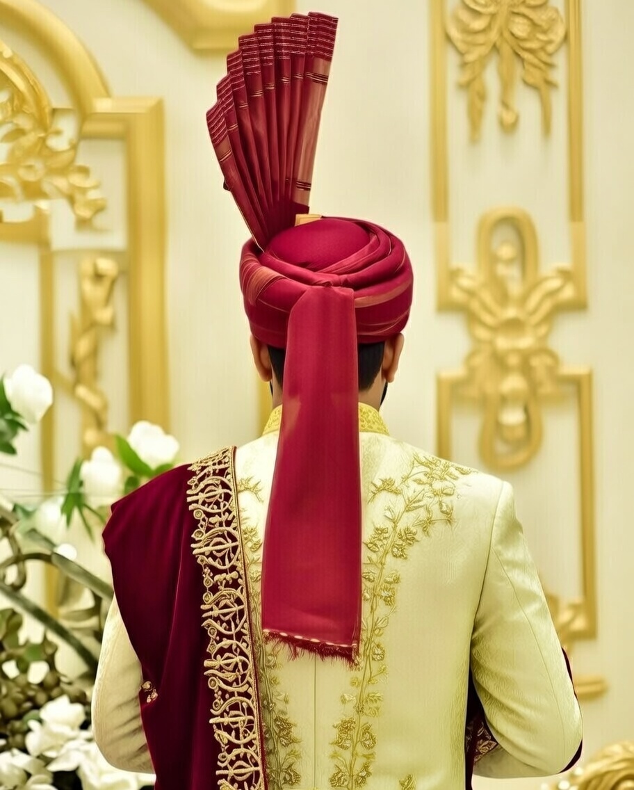 Cream and Maroon Sherwani with a Grand Turban.