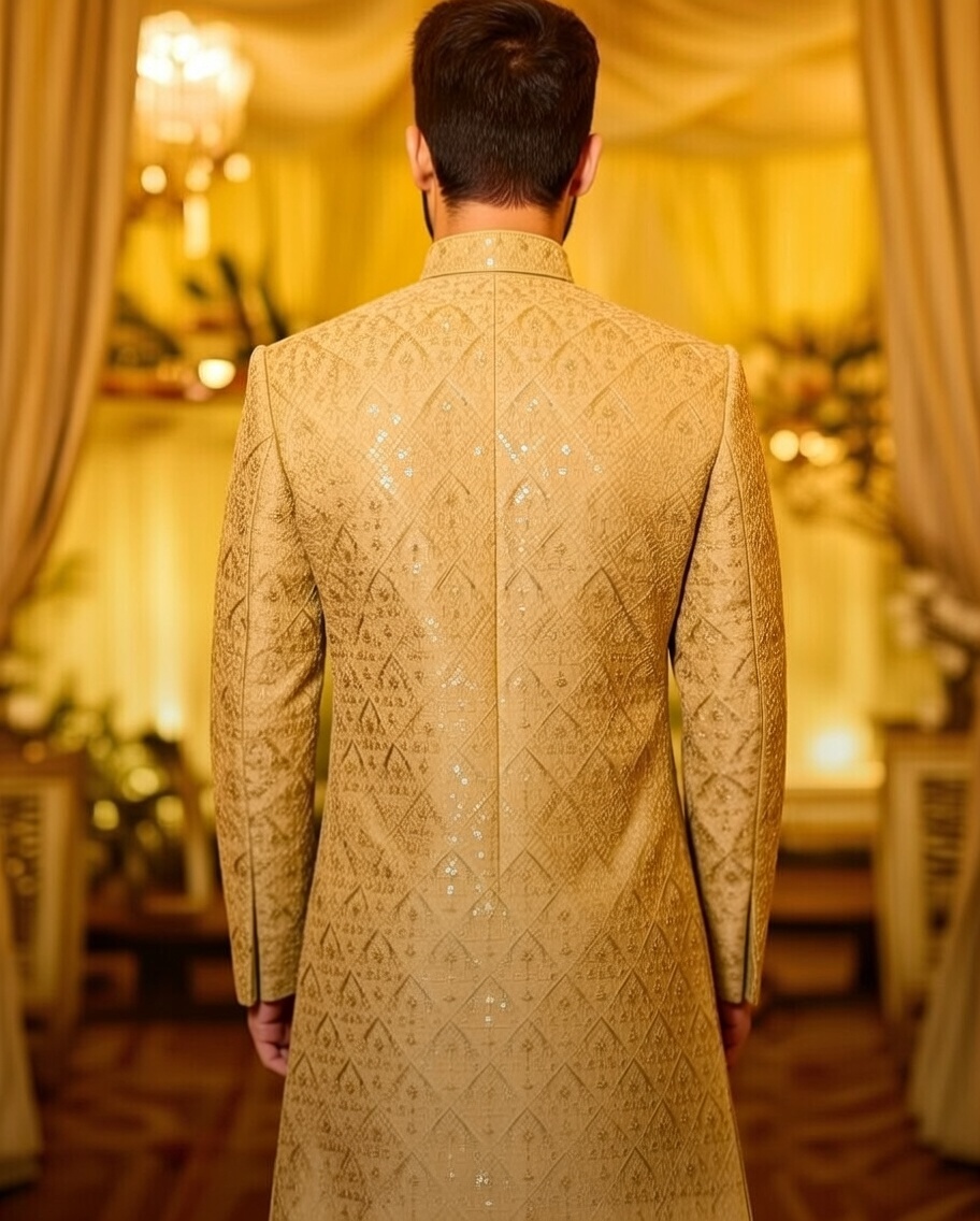 Golden Sherwani with Intricate Embroidery