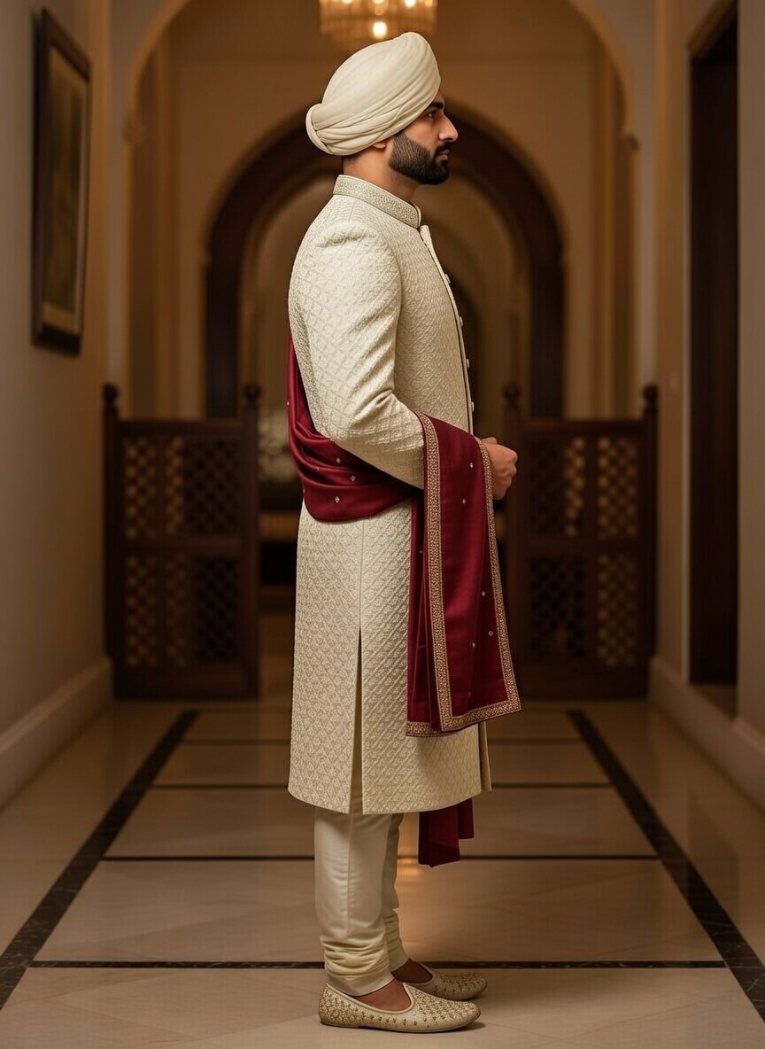 Embroidered Cream Sherwani