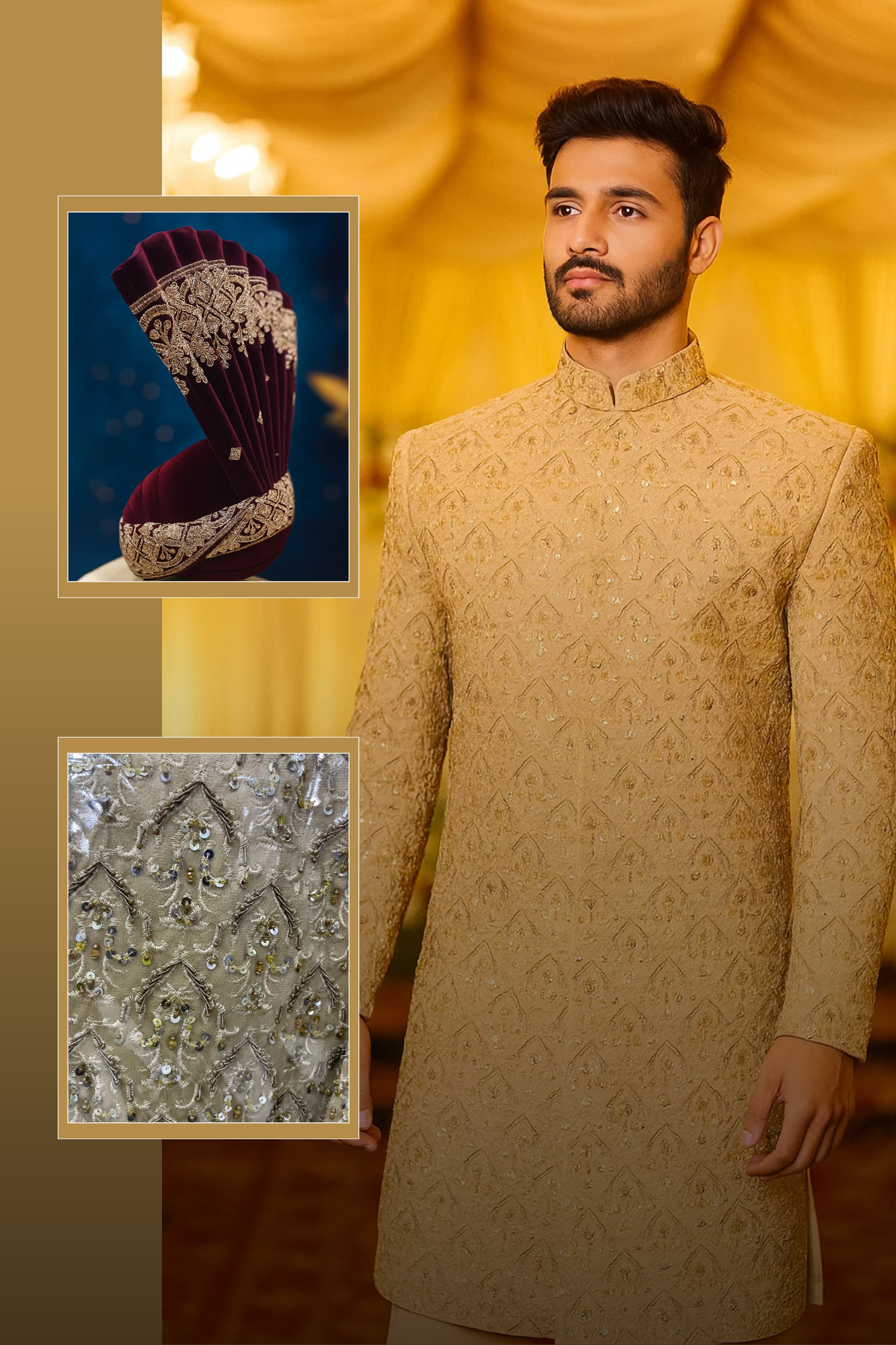Golden Sherwani with Intricate Embroidery